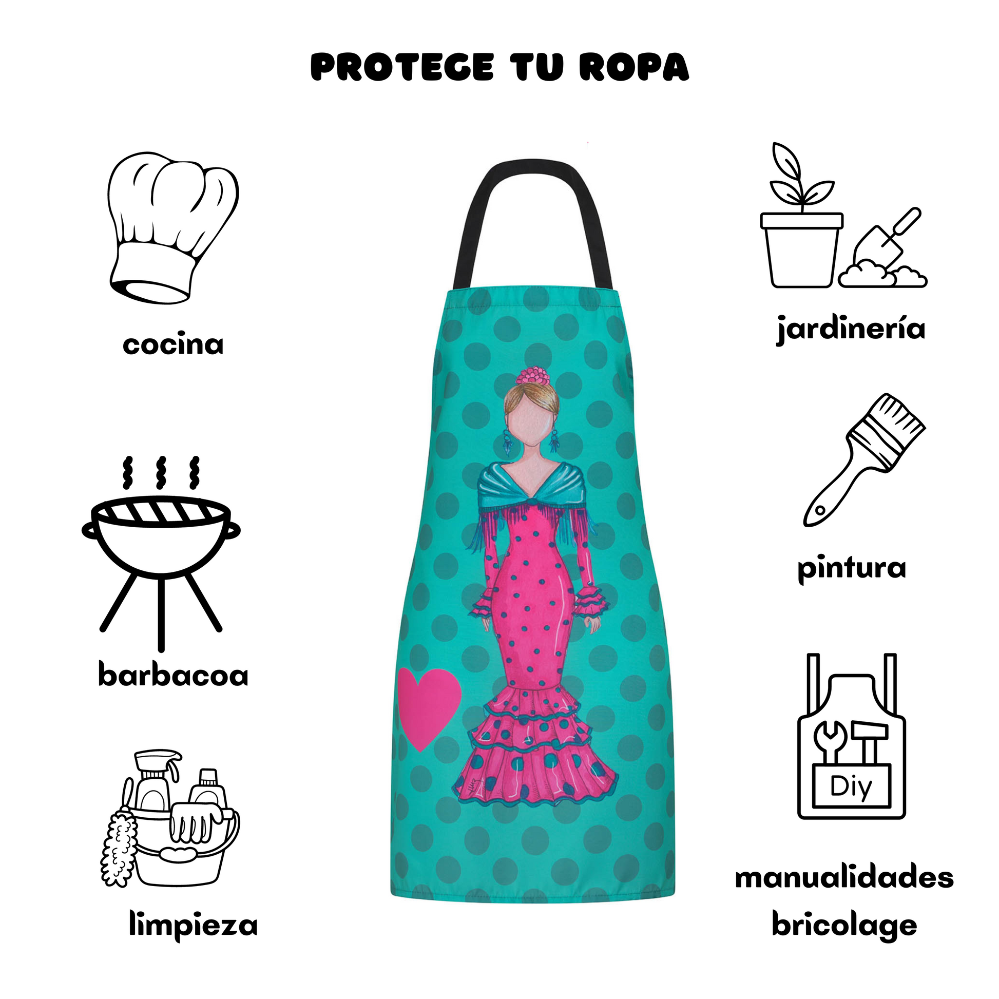 IllustrArte Flamenco Dancer Kitchen Apron. Stylish, elegant, comfortable and washable. Turquoise with Black Polka Dots.… - IllustrArte