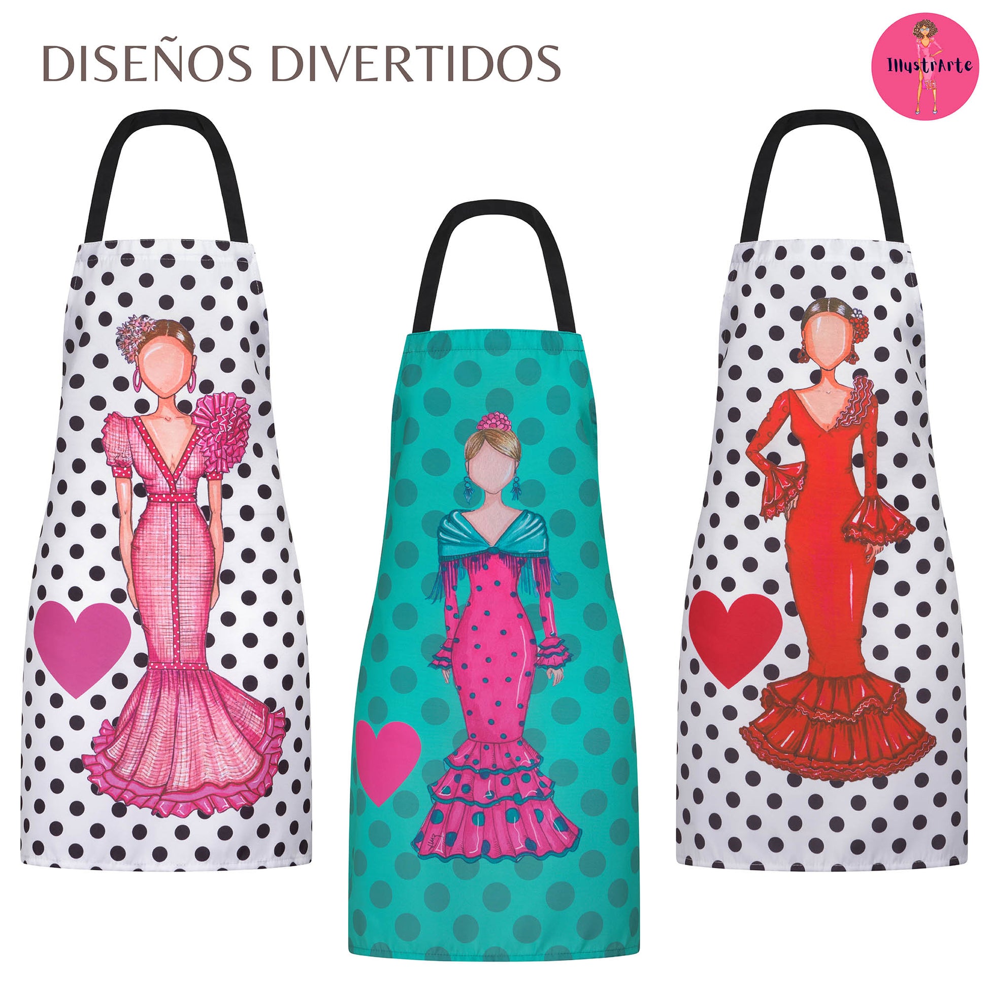 IllustrArte Flamenco Dancer Kitchen Apron. Stylish, elegant, comfortable and washable. Turquoise with Black Polka Dots.… - IllustrArte