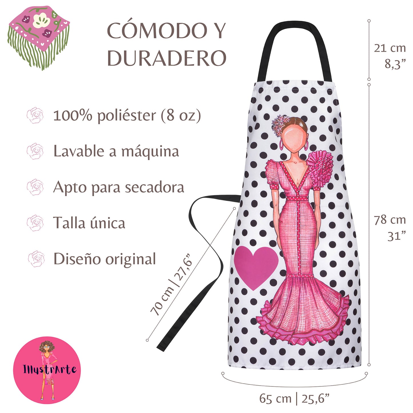 IllustrArte Flamenco Dancer Kitchen Apron. Stylish, elegant, comfortable and washable. White with Black Polka Dots.… - IllustrArte