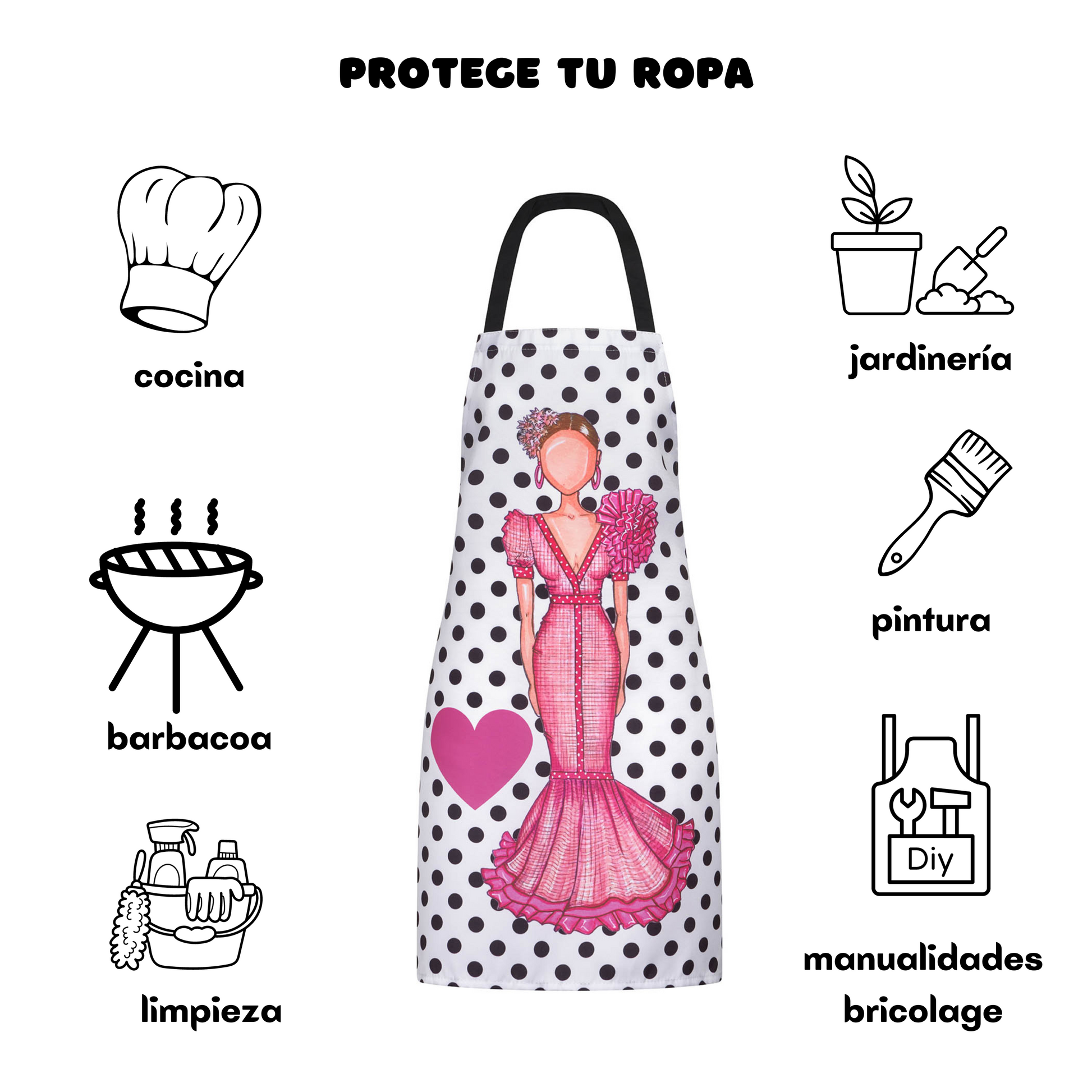 IllustrArte Flamenco Dancer Kitchen Apron. Stylish, elegant, comfortable and washable. White with Black Polka Dots.… - IllustrArte