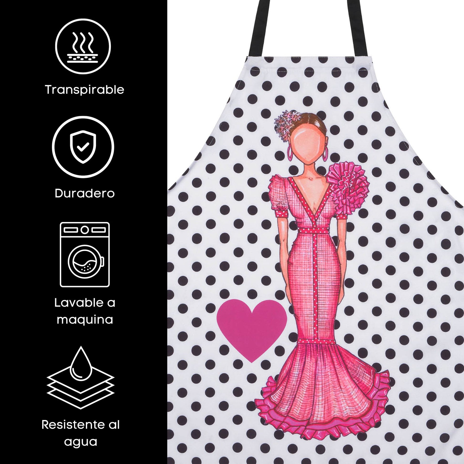 IllustrArte Flamenco Dancer Kitchen Apron. Stylish, elegant, comfortable and washable. White with Black Polka Dots.… - IllustrArte