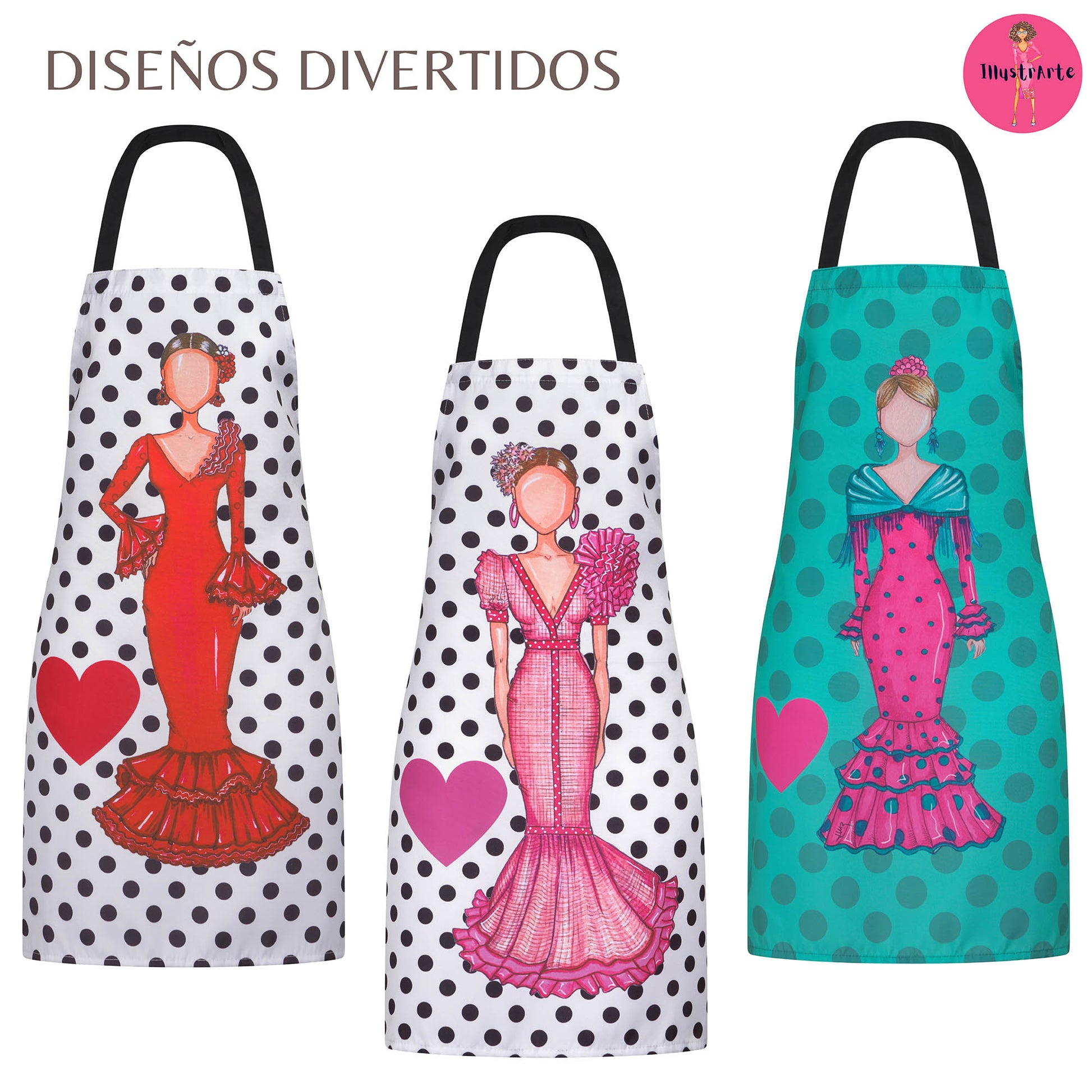 IllustrArte Flamenco Dancer Kitchen Apron. Stylish, elegant, comfortable and washable. White with Black Polka Dots.… - IllustrArte