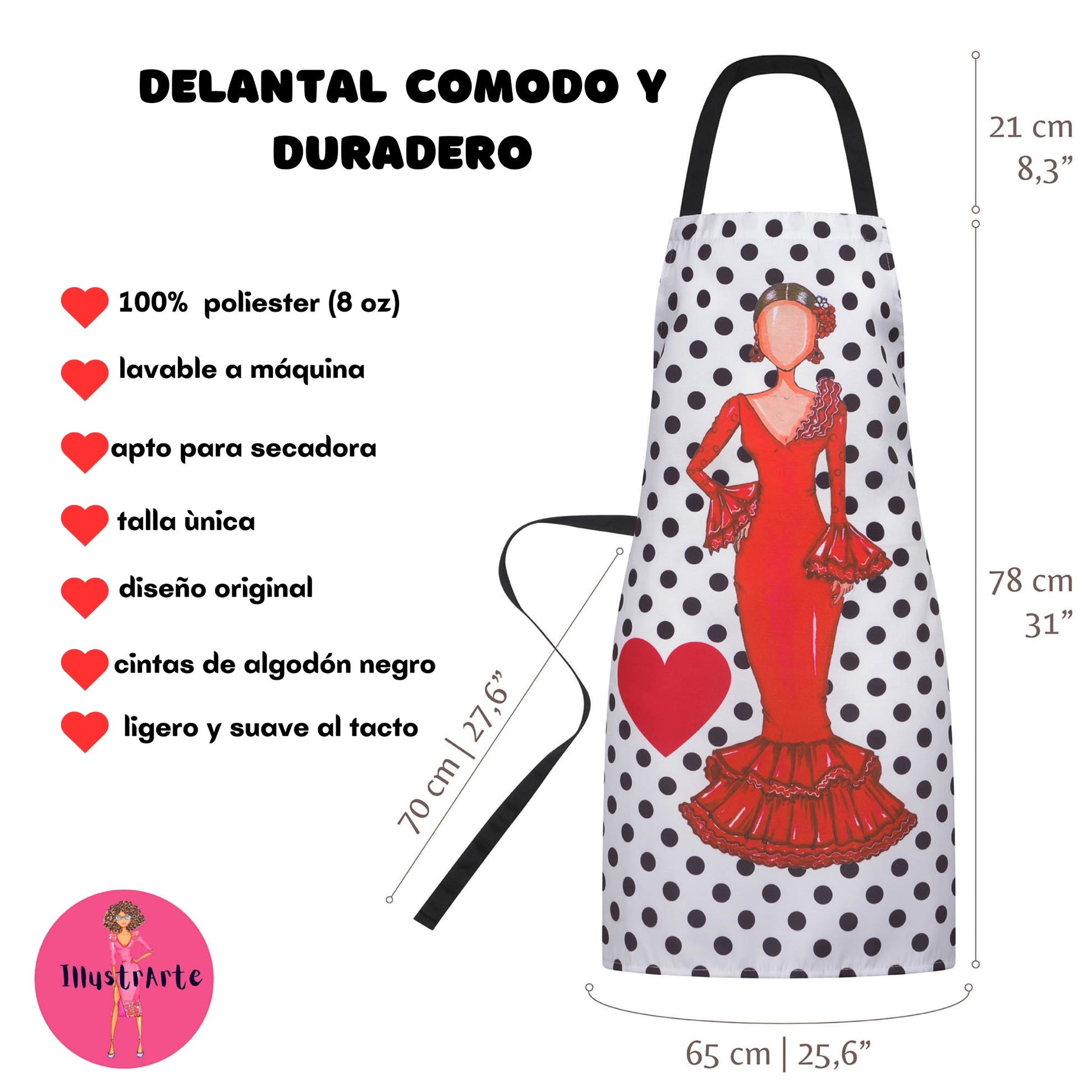 IllustrArte Flamenco Dancer Kitchen Apron. Stylish, elegant, comfortable and washable. White with Black Polka Dots.… - IllustrArte