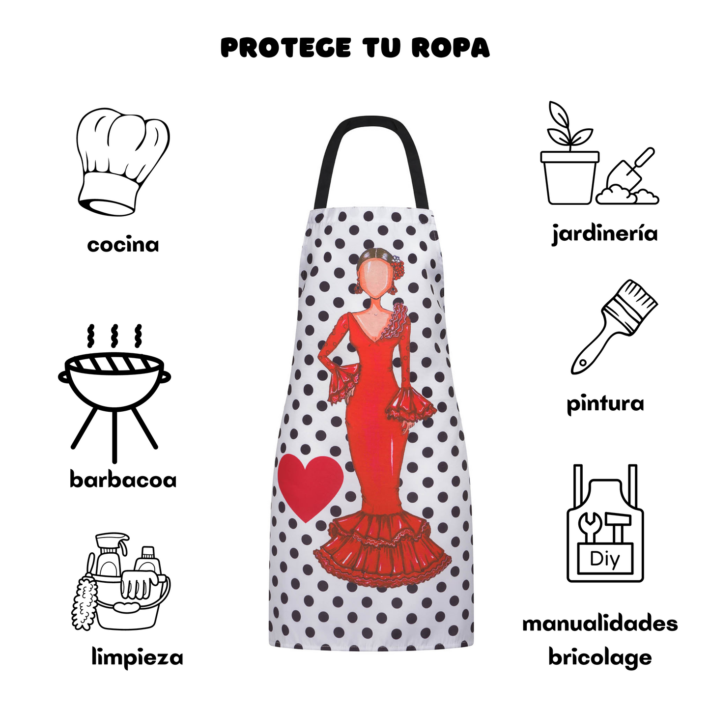 IllustrArte Flamenco Dancer Kitchen Apron. Stylish, elegant, comfortable and washable. White with Black Polka Dots.… - IllustrArte