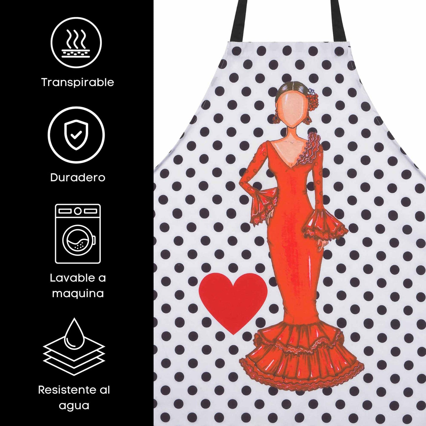 IllustrArte Flamenco Dancer Kitchen Apron. Stylish, elegant, comfortable and washable. White with Black Polka Dots.… - IllustrArte