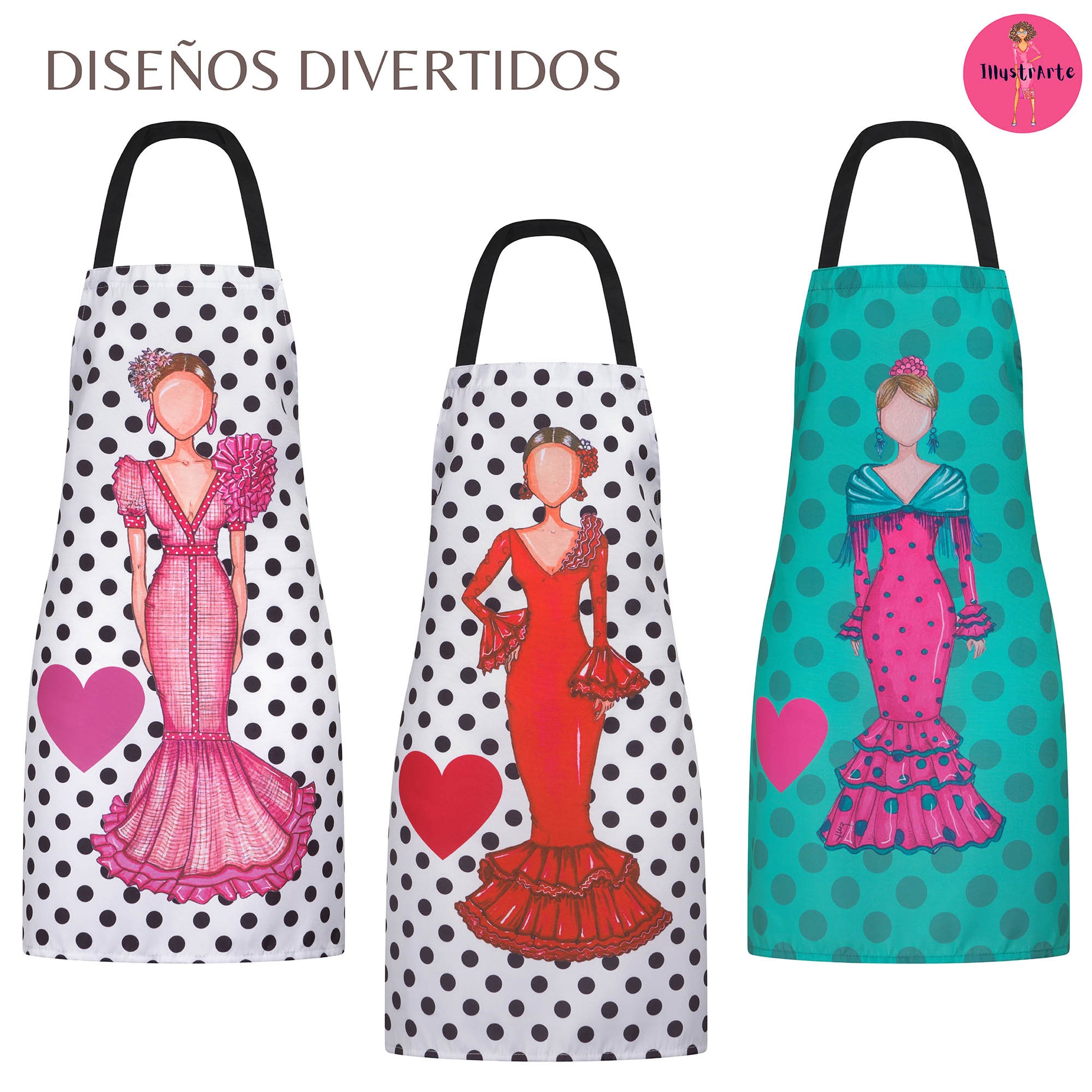 IllustrArte Flamenco Dancer Kitchen Apron. Stylish, elegant, comfortable and washable. White with Black Polka Dots.… - IllustrArte