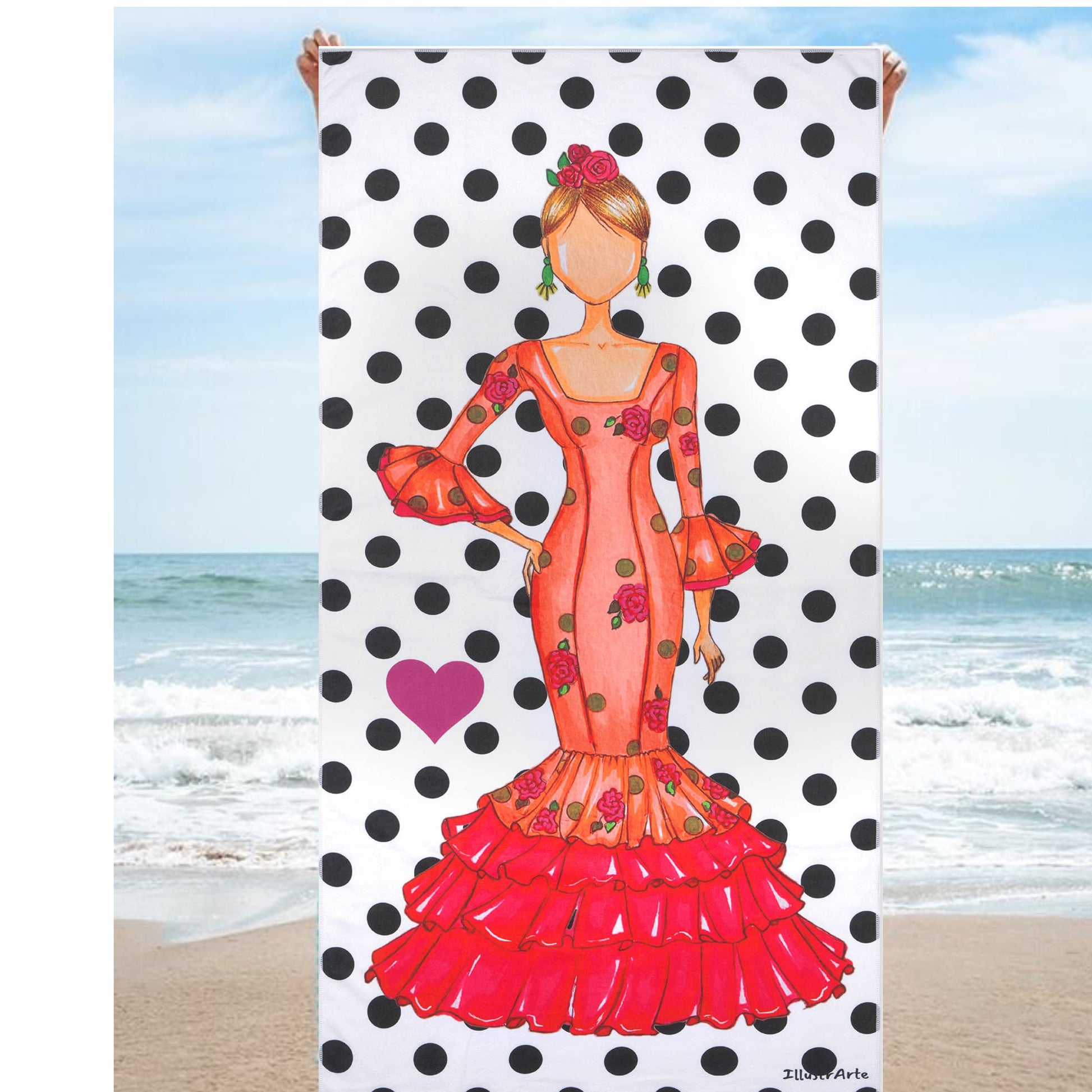 a beach towel with a picture of a woman in a red dress