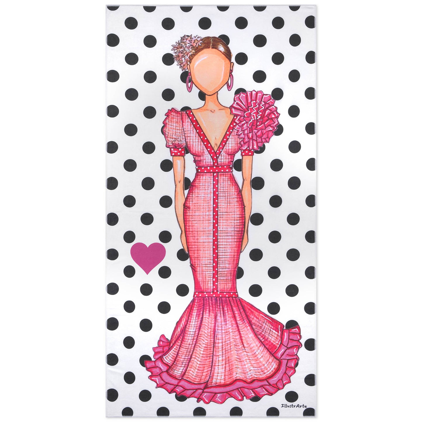 a woman in a pink dress with a polka dot background