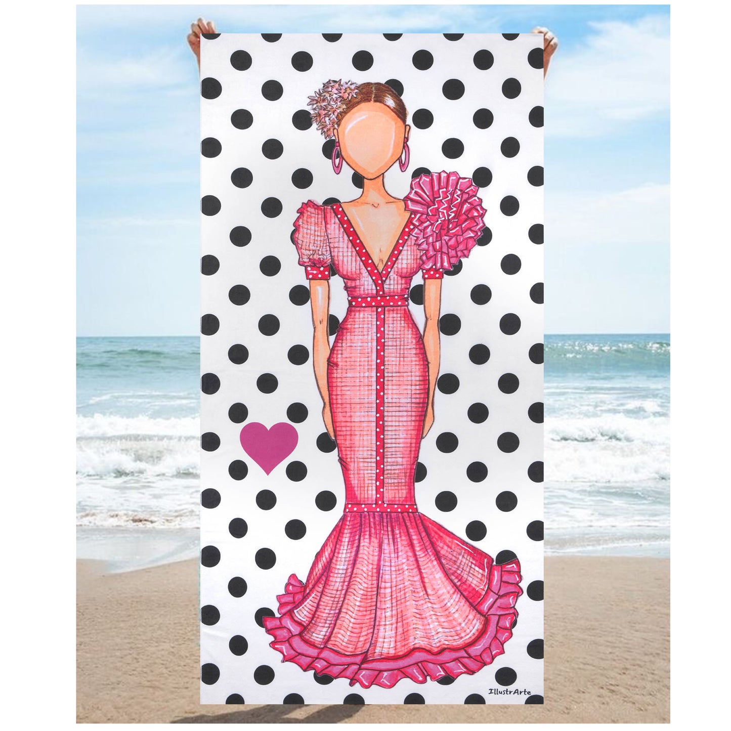 a picture of a woman in a pink dress on a polka dot beach towel