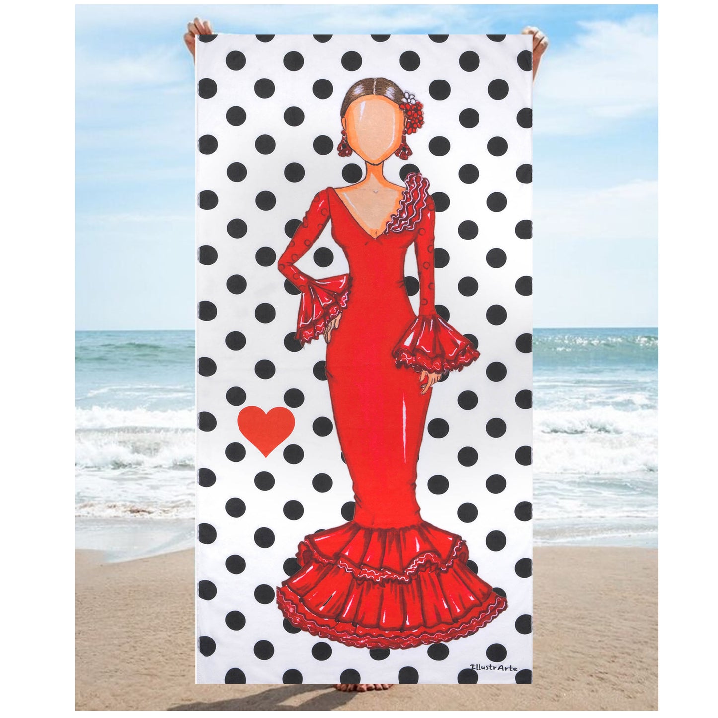 a picture of a woman in a red dress on a beach