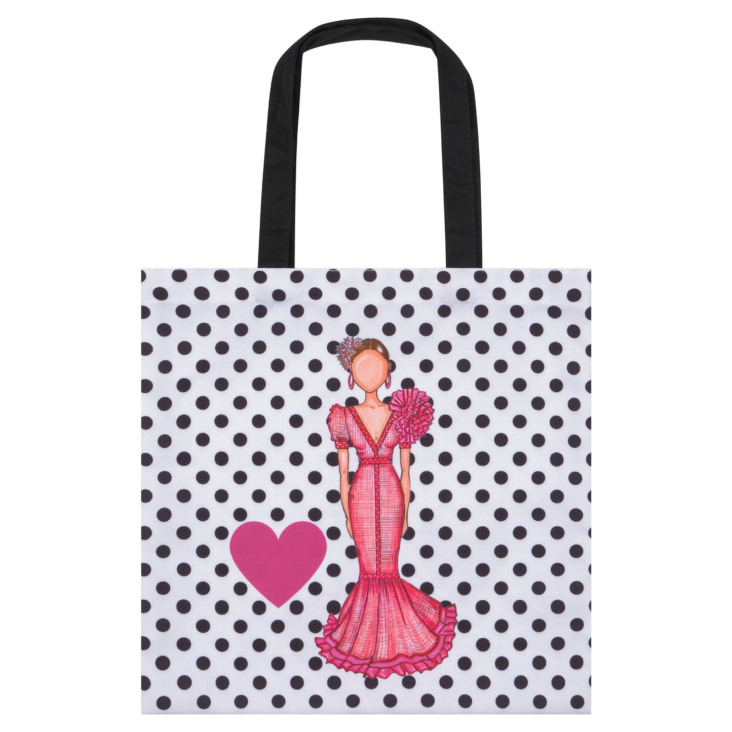 a tote bag with a picture of a woman in a pink dress