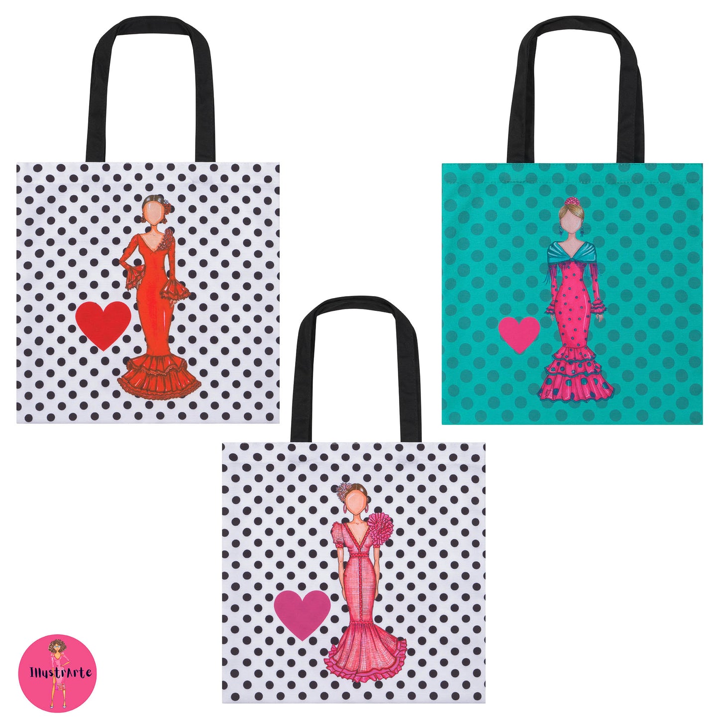 three bags with different designs on them