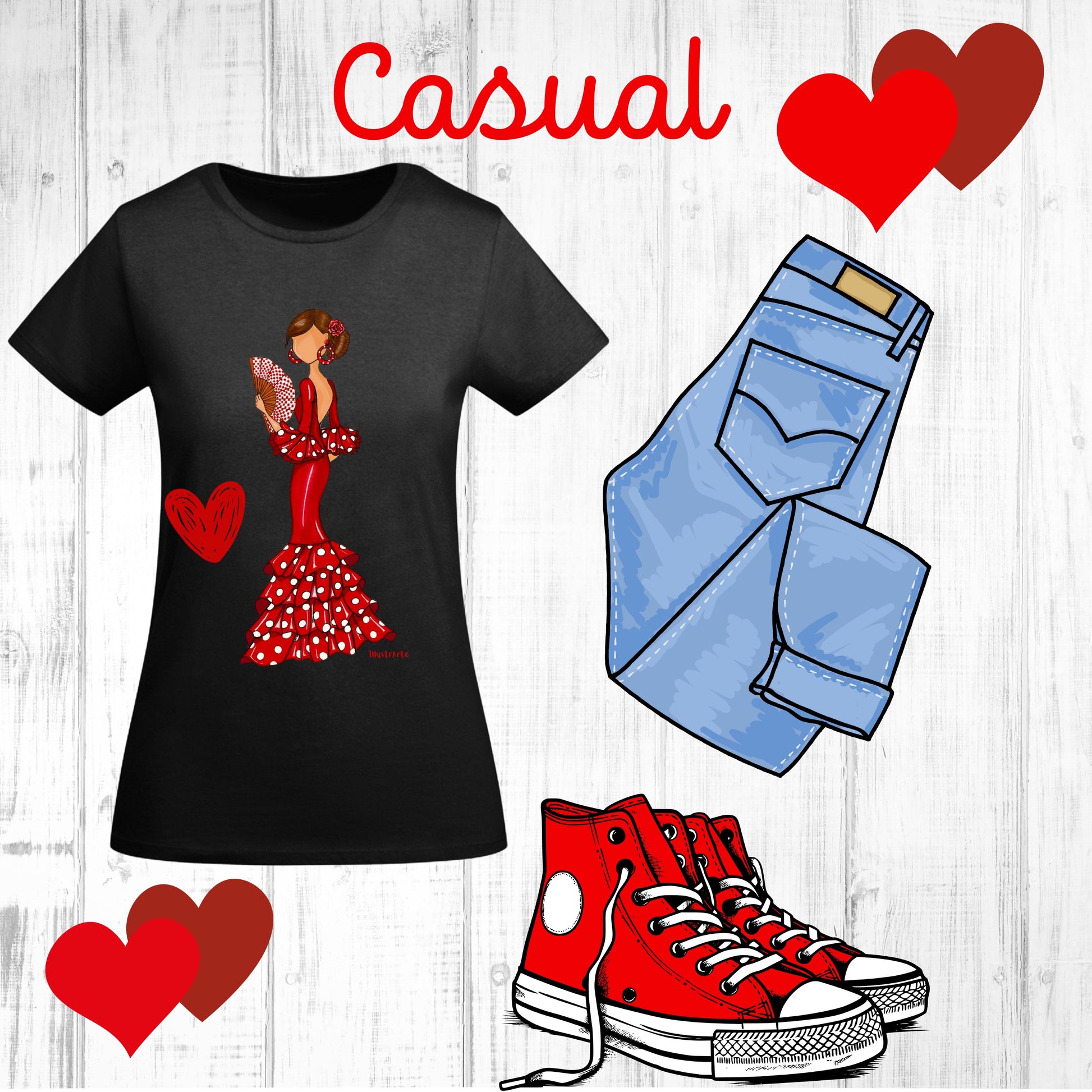 una camiseta de mujer, jeans y zapatillas con las palabras casual