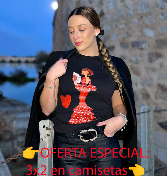 🎉3x2💃 Camisetas Flamencas mujer + niña – algodón orgánico – Modelo Pepa