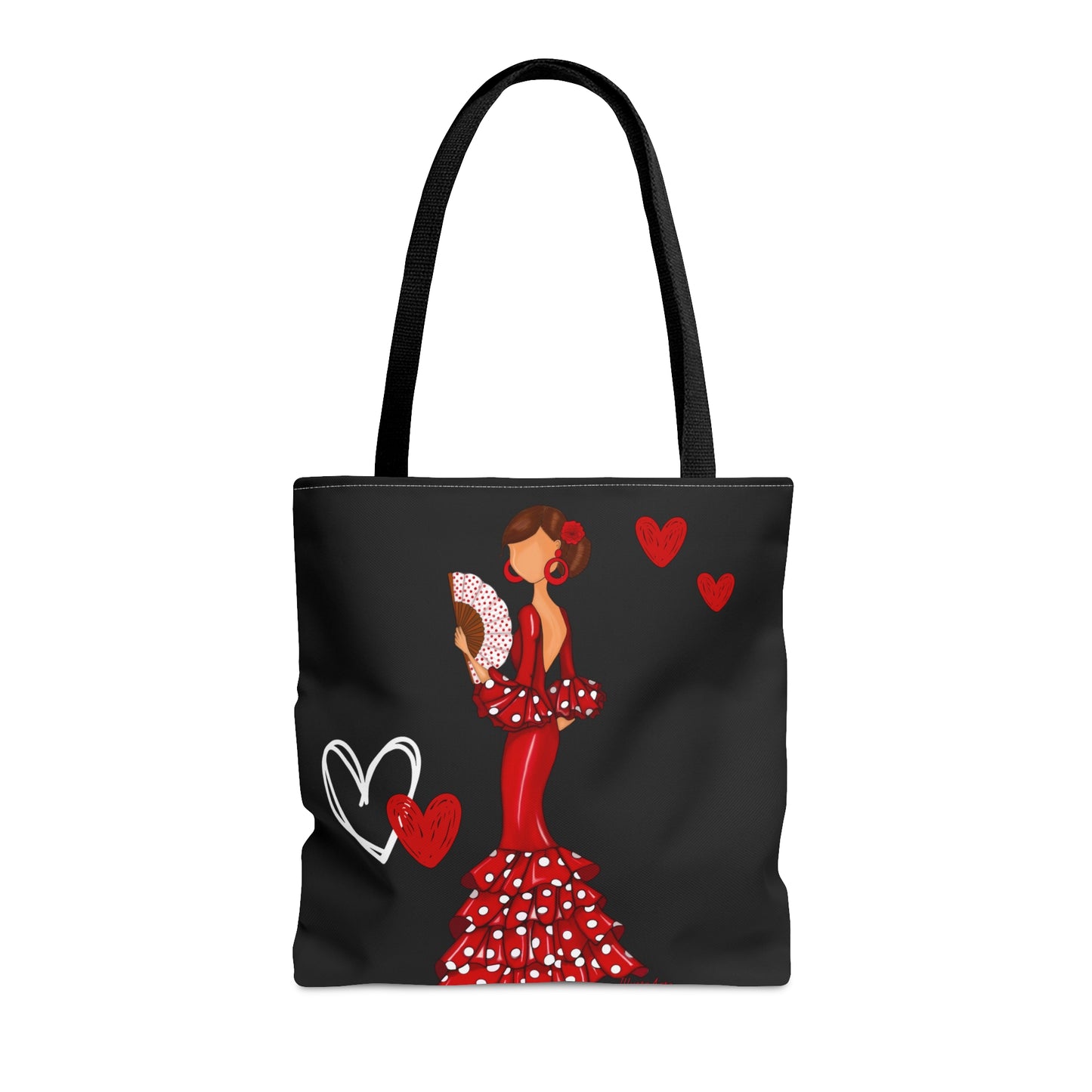 a tote bag with a woman in a red dress holding a heart