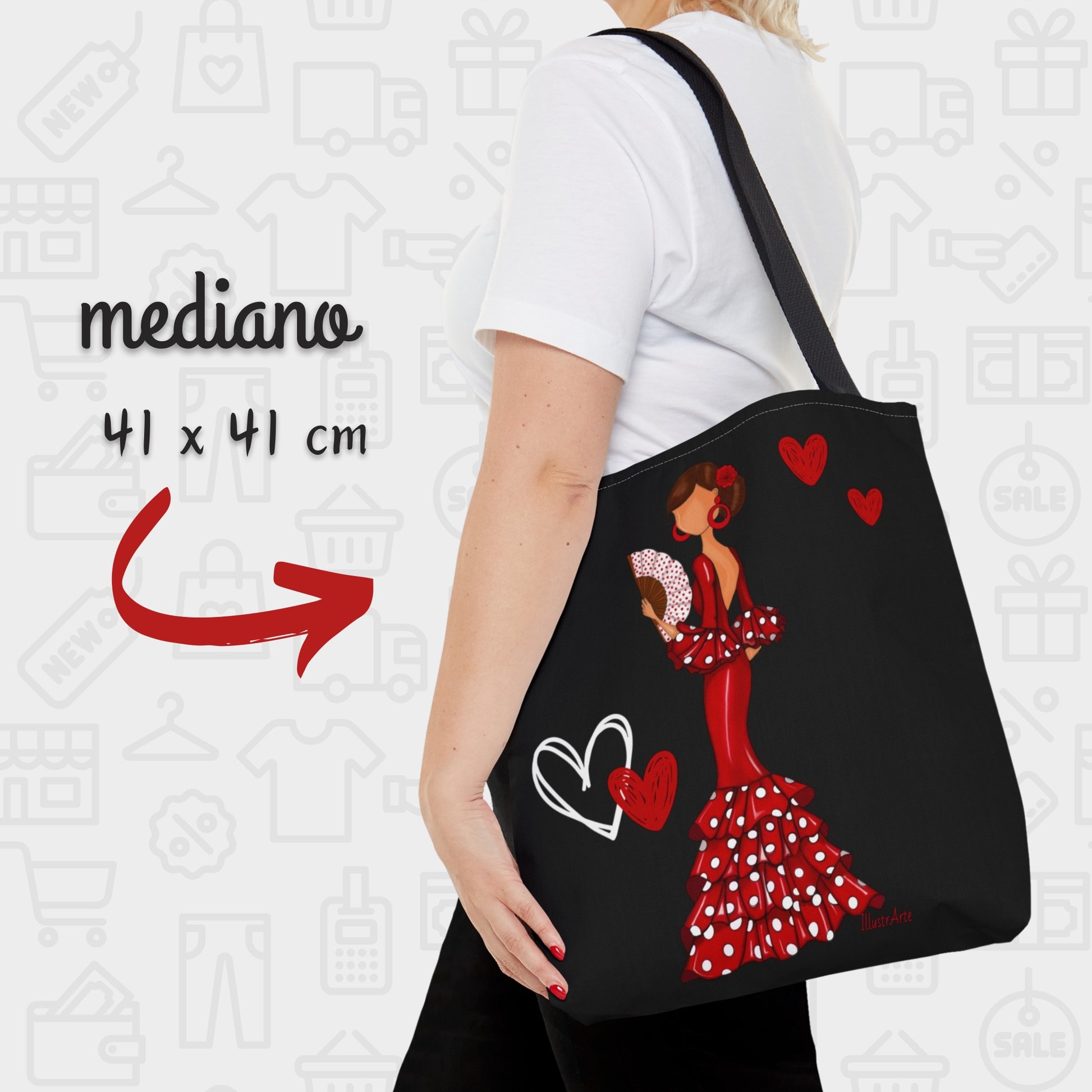 a woman carrying a black bag with red hearts