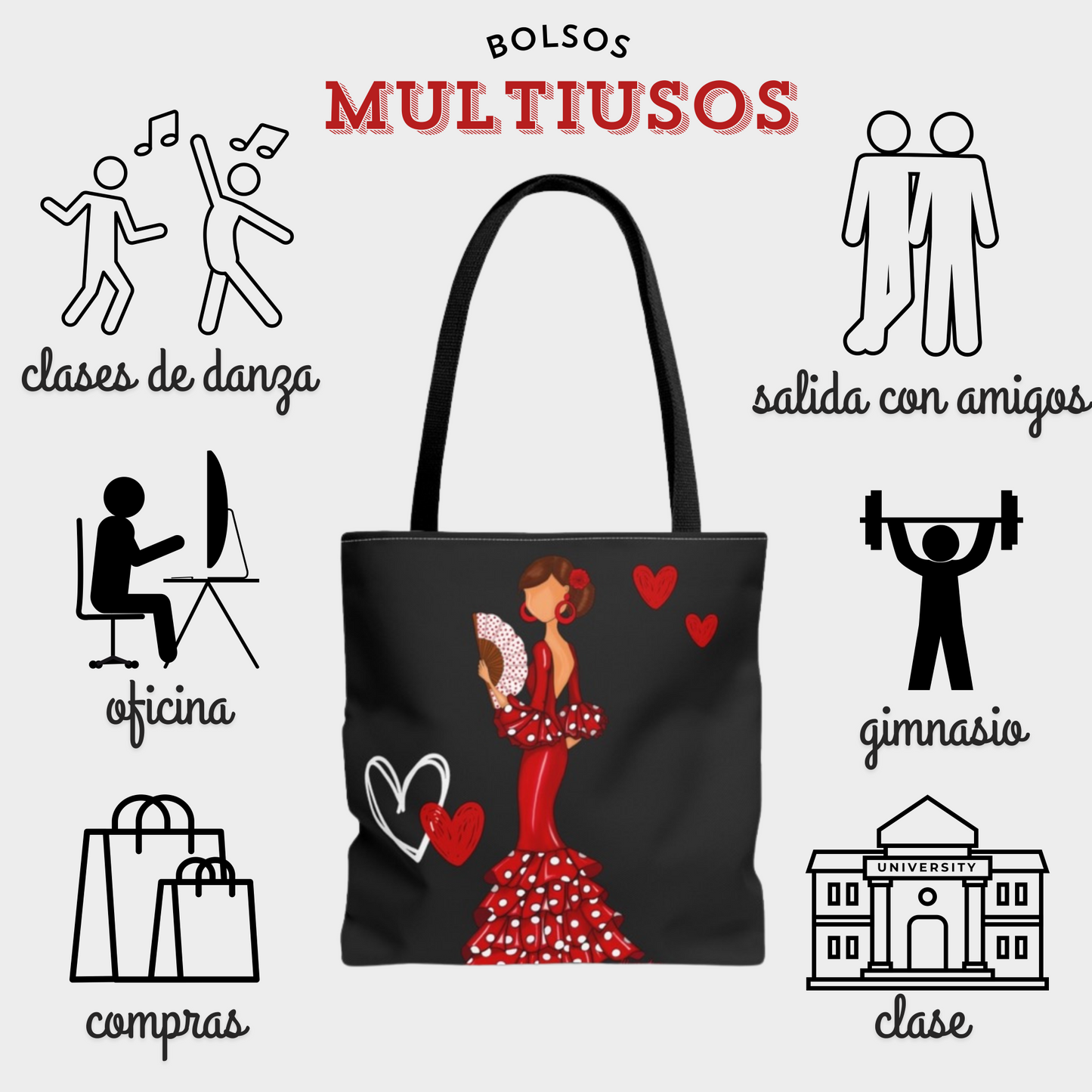 a black bag with a woman in a red dress