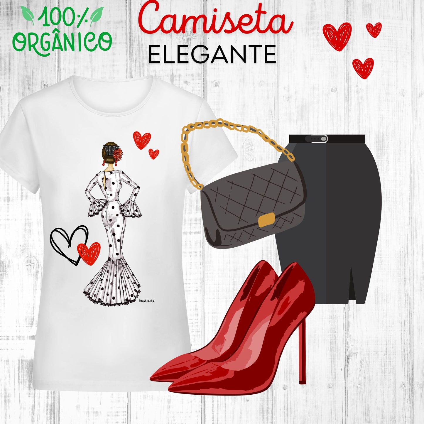 una camiseta de mujer y un par de zapatos rojos