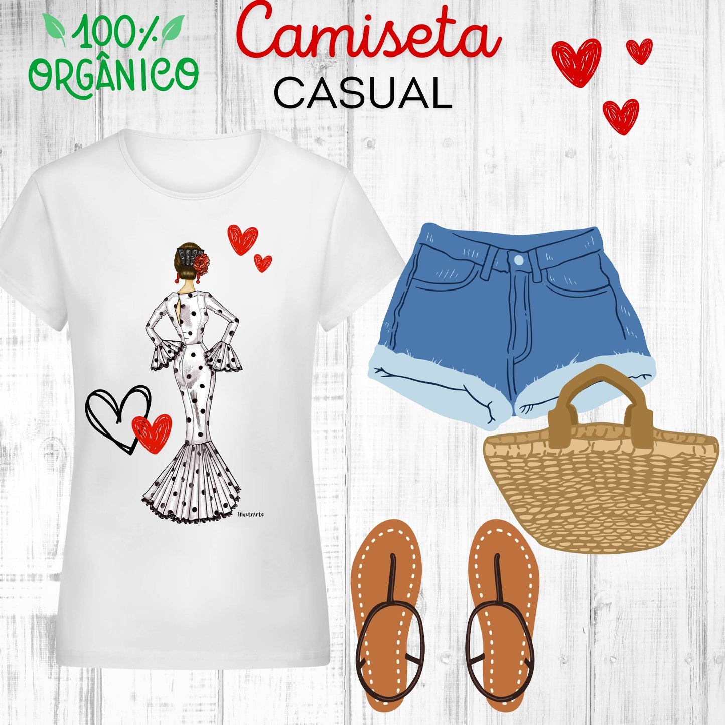 una camiseta de mujer, pantalones cortos y sandalias