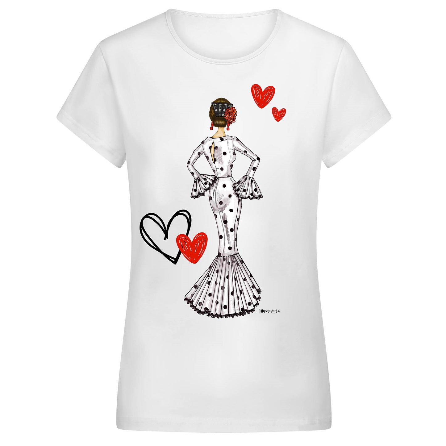 una camiseta blanca con un dibujo de una mujer en un vestido y corazones