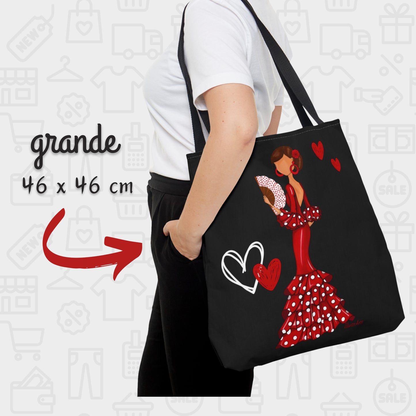 a woman carrying a black tote bag with a picture of a woman in a