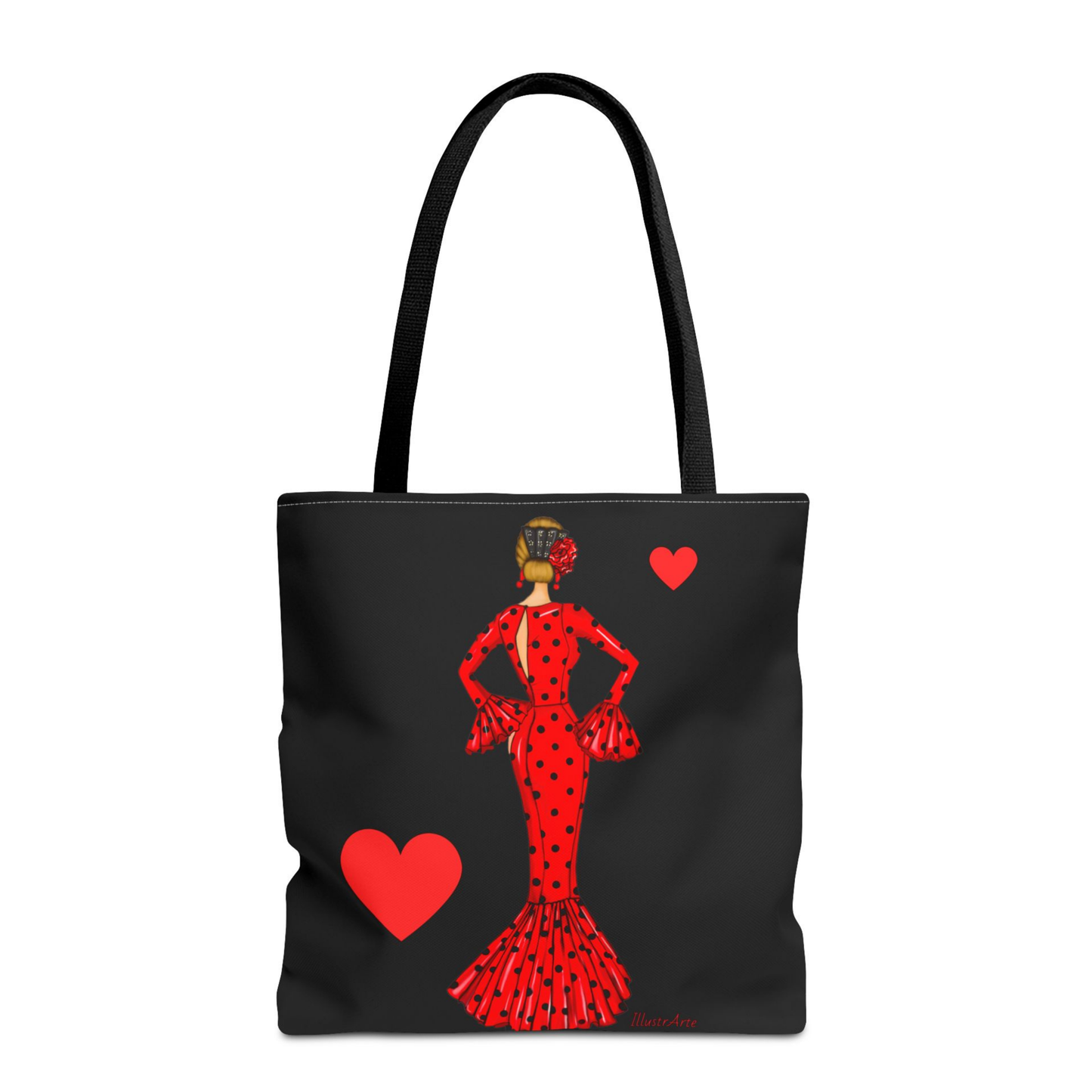 a black and red tote bag with a lady in a red dress