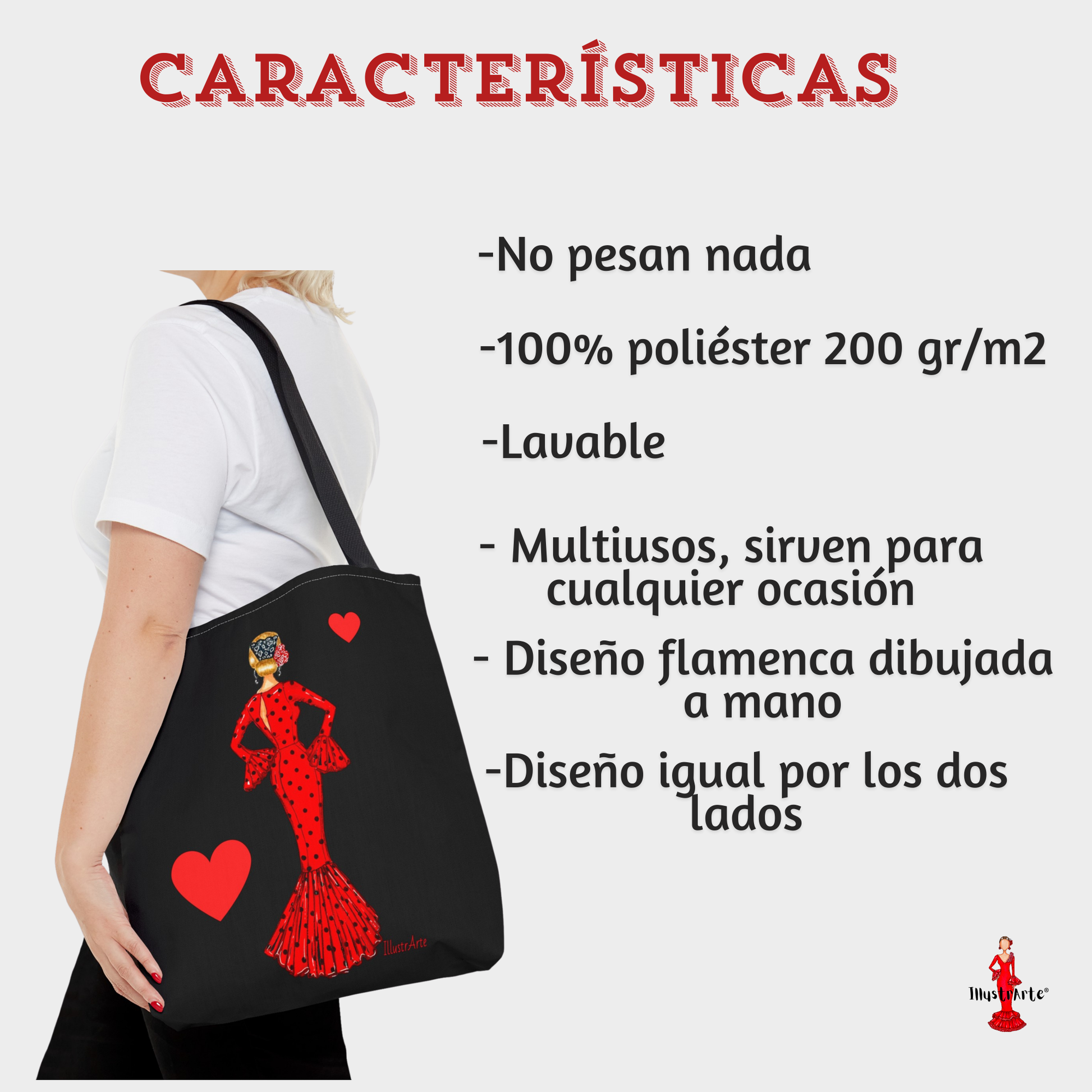 a woman carrying a black bag with a red heart on it