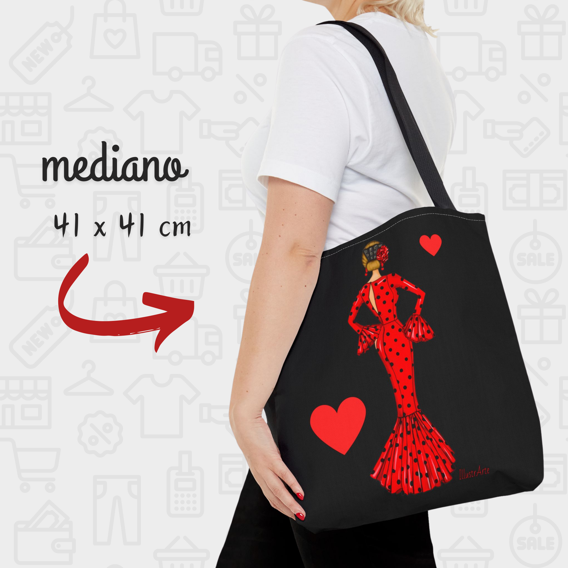 a woman carrying a black bag with red hearts