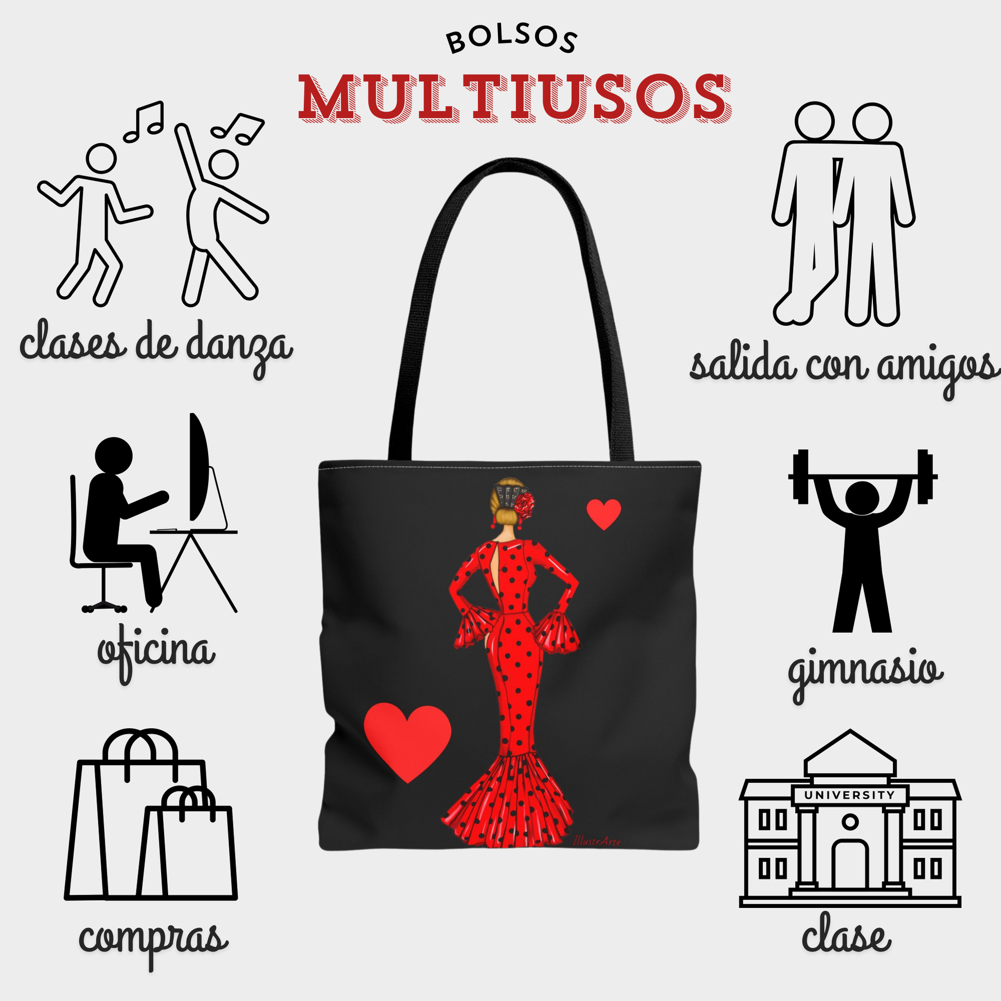 a woman carrying a black bag with spanish words