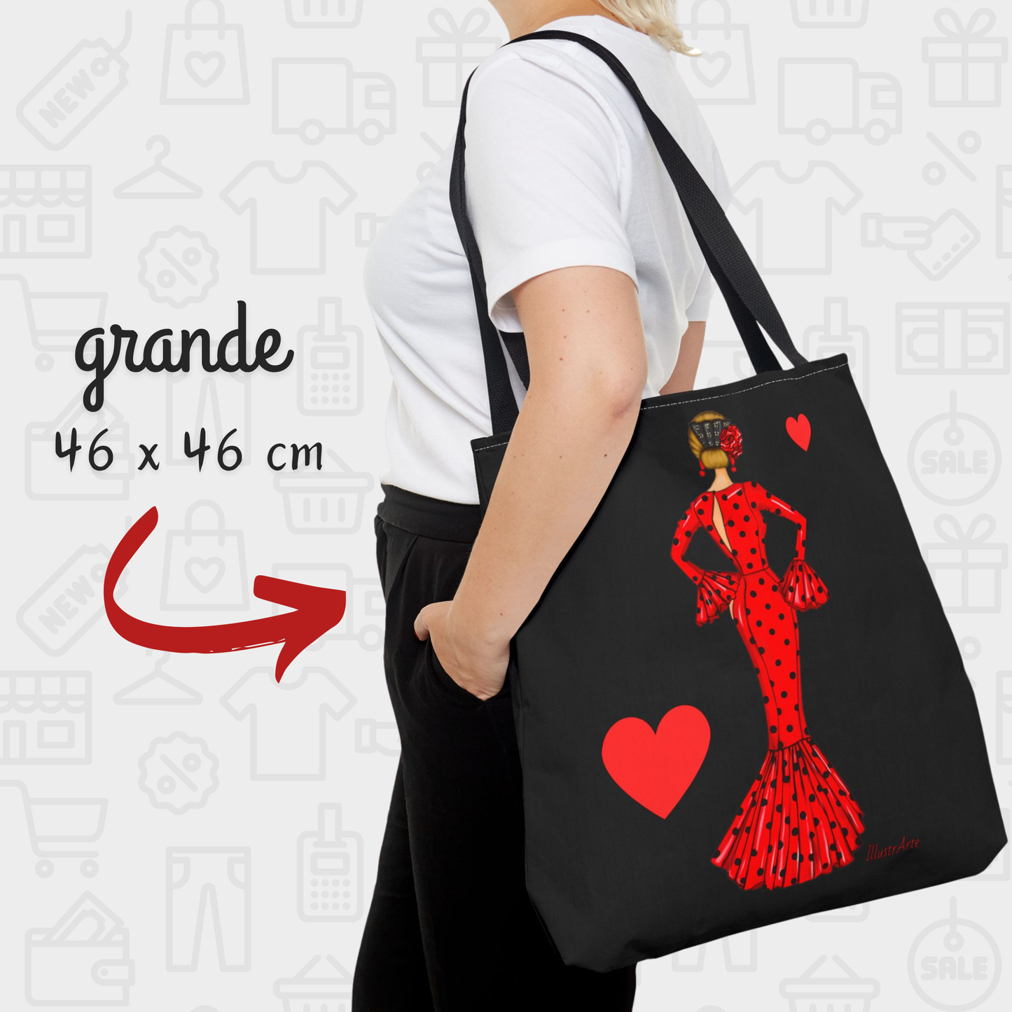 a woman carrying a black bag with a red heart on it