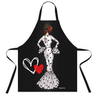 a black apron with a picture of a woman in a polka dot dress and a
