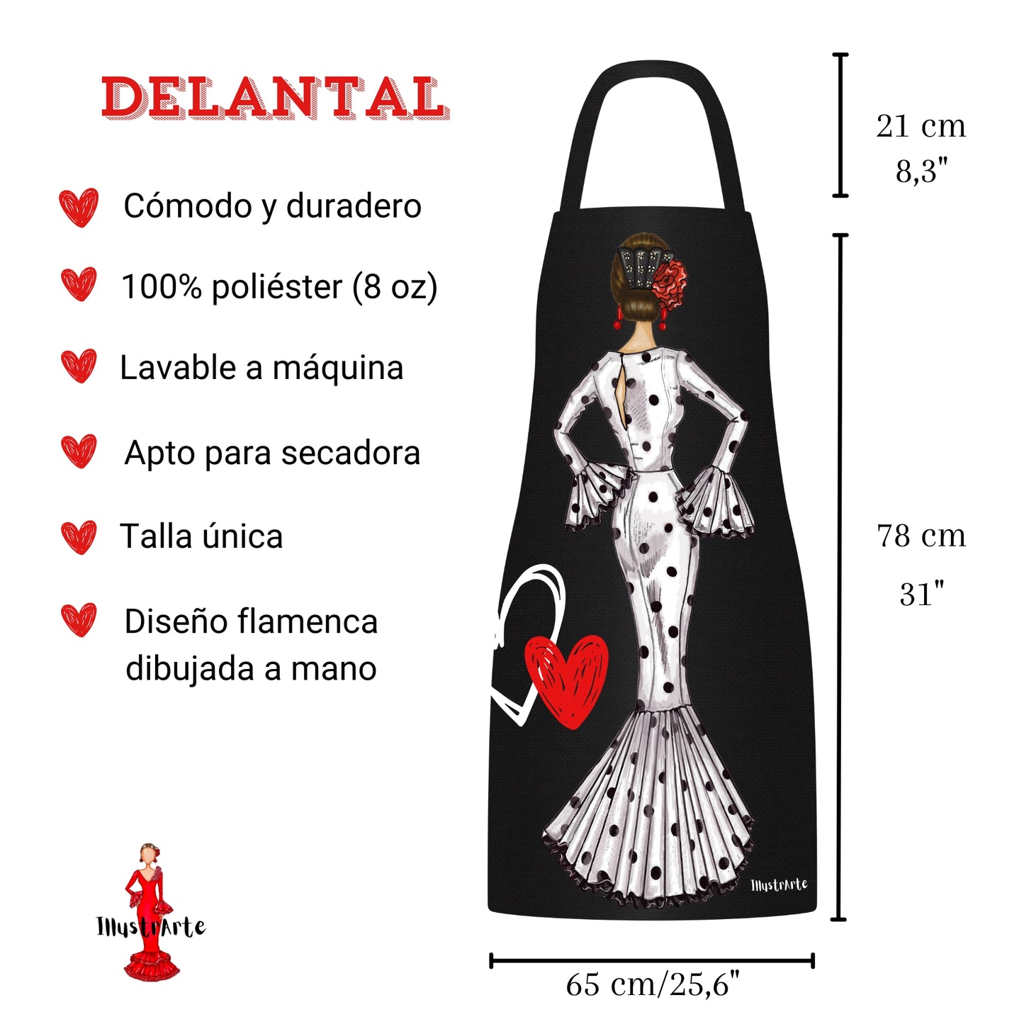 Pack Botella “María” blanco fondo rojo + Delantal “María” blanco – Diseño flamenco elegante illustrArte