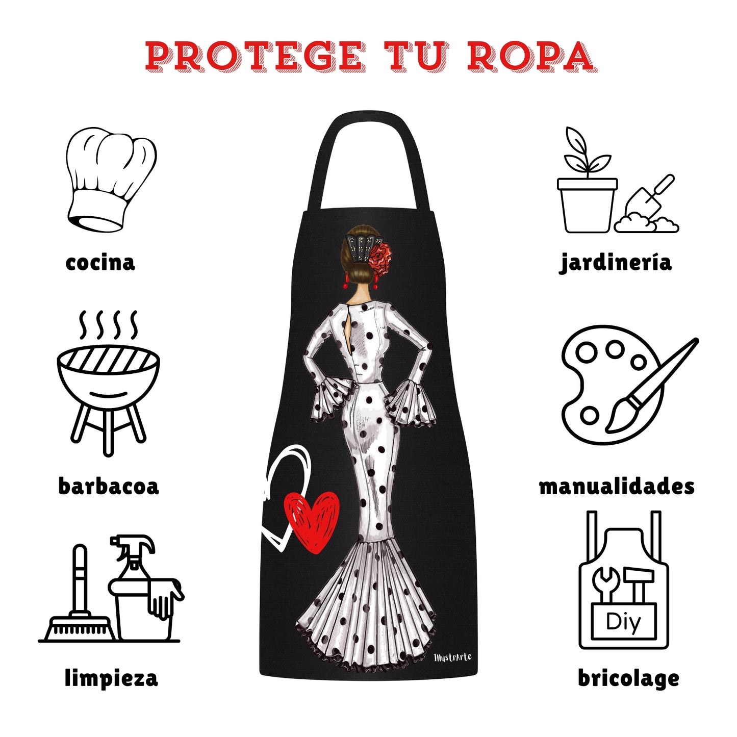 Pack Botella “María” blanco fondo rojo + Delantal “María” blanco – Diseño flamenco elegante illustrArte