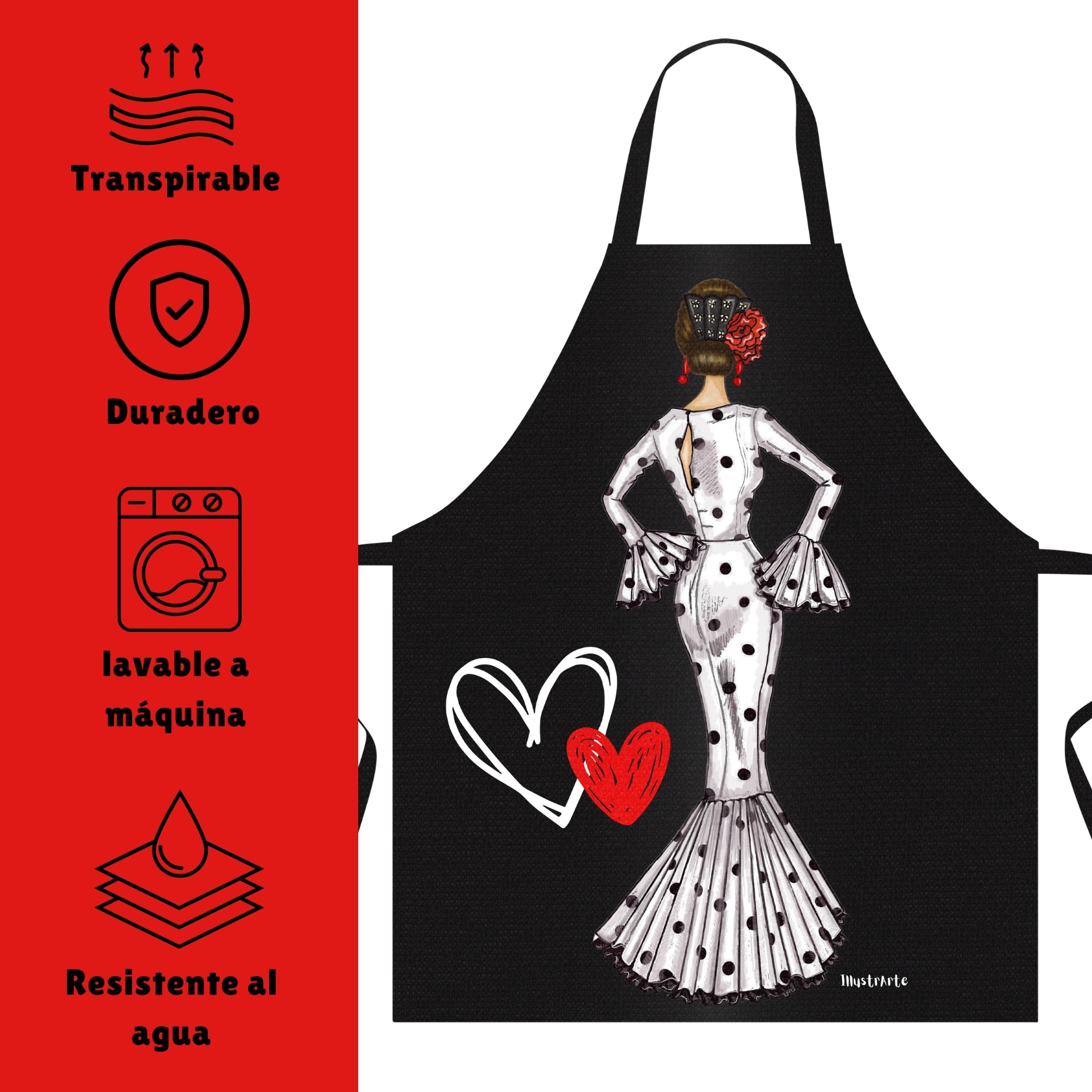 a black apron with a picture of a woman in a polka dot dress