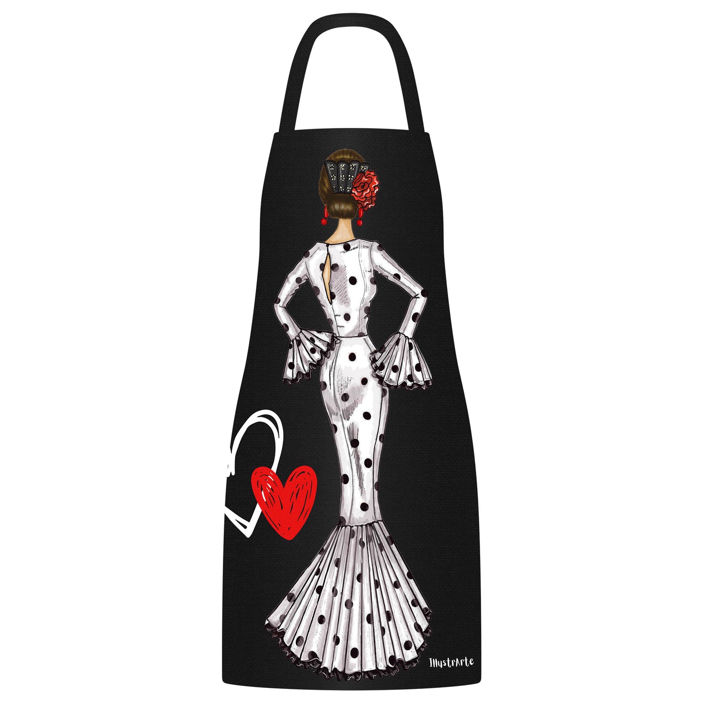 Pack Botella “María” blanco fondo rojo + Delantal “María” blanco – Diseño flamenco elegante illustrArte