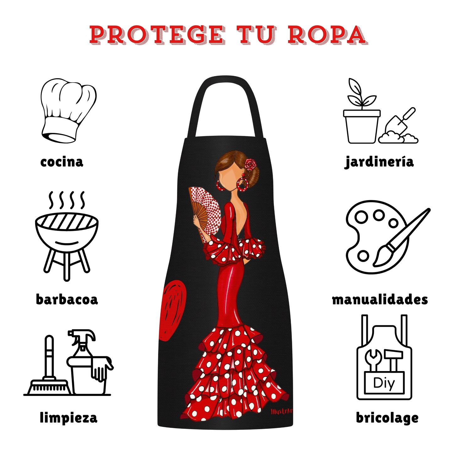 Pack Regalo Flamenca Pepa: Botella Térmica + Delantal de Cocina – Diseño Exclusivo illustrArte