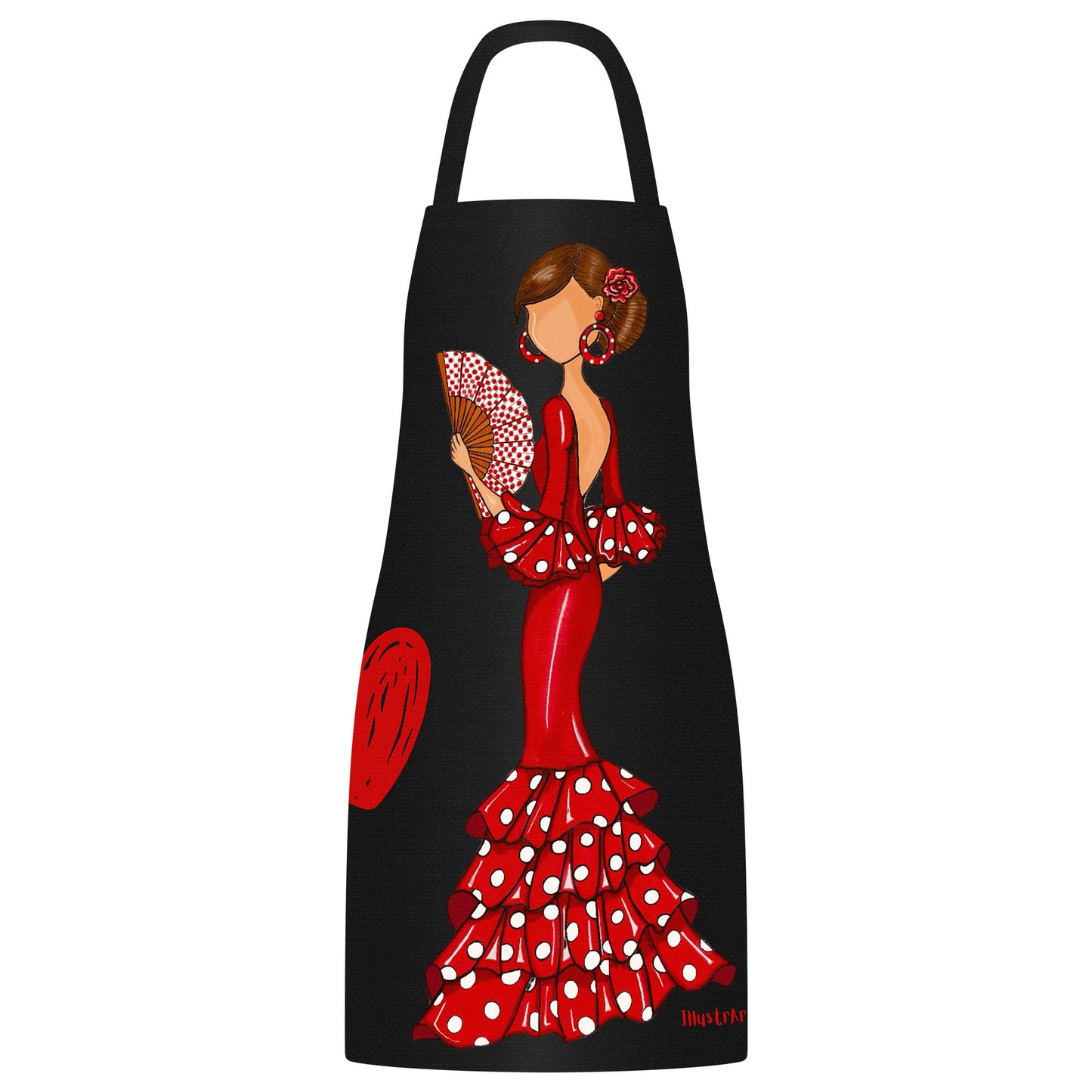 a red and white apron with a woman in a polka dot dress