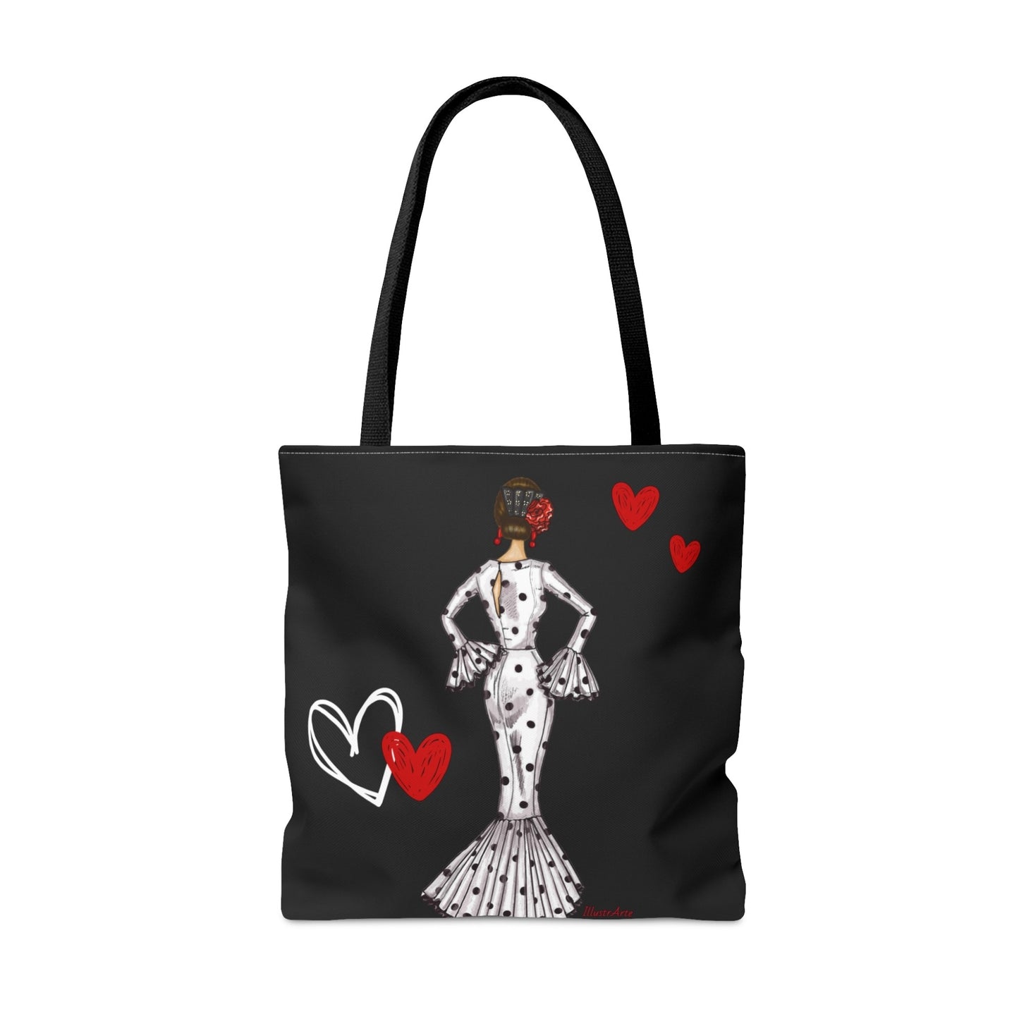 a tote bag with a woman in a dress and hearts