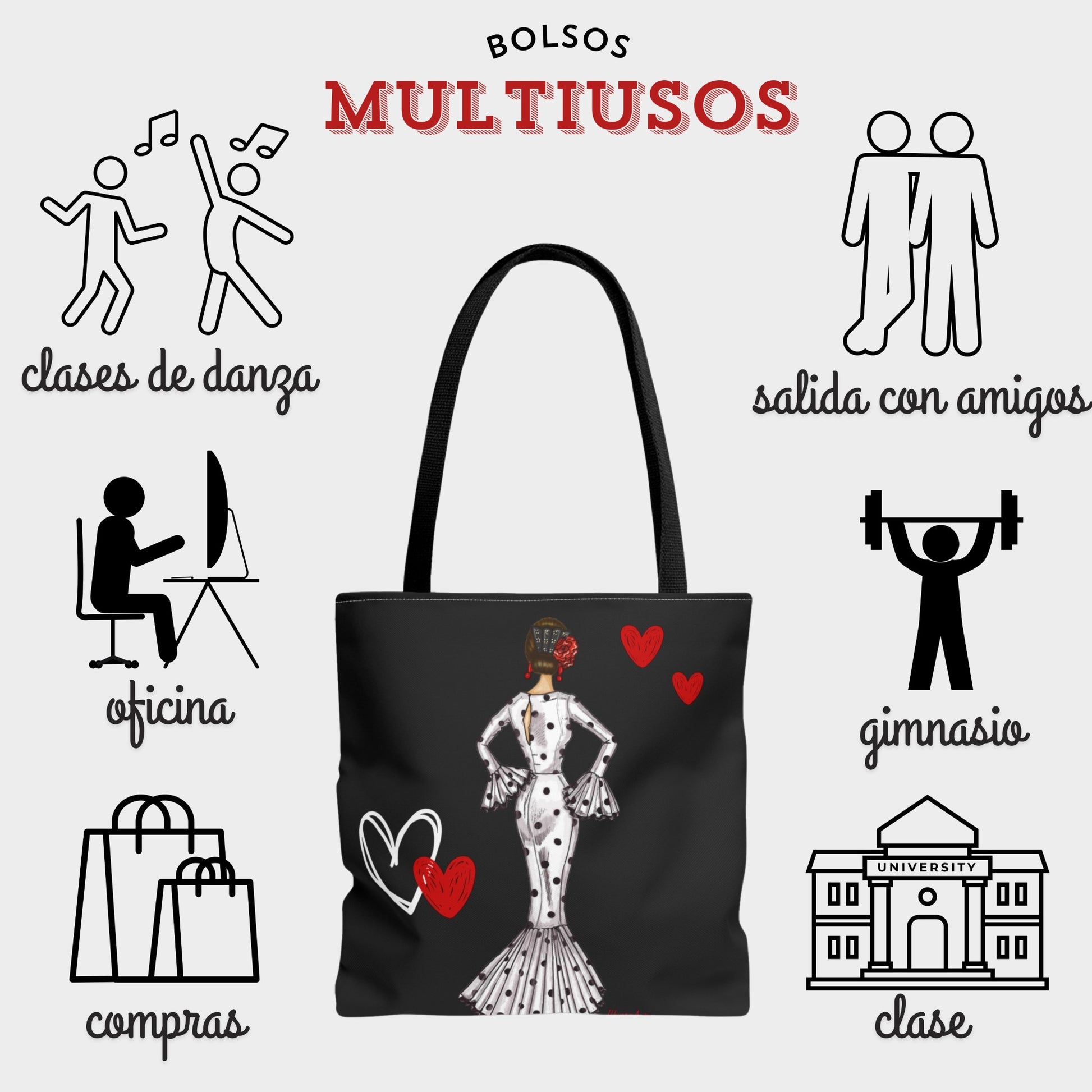 a black bag with a picture of a woman holding a heart