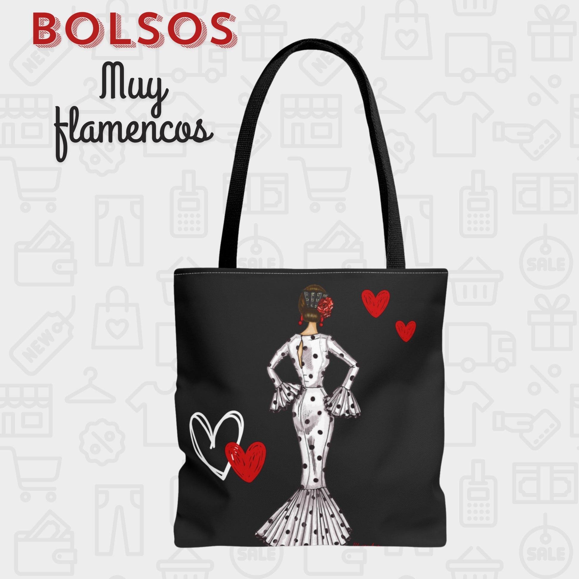 a black and white tote bag with a picture of a woman in a dress