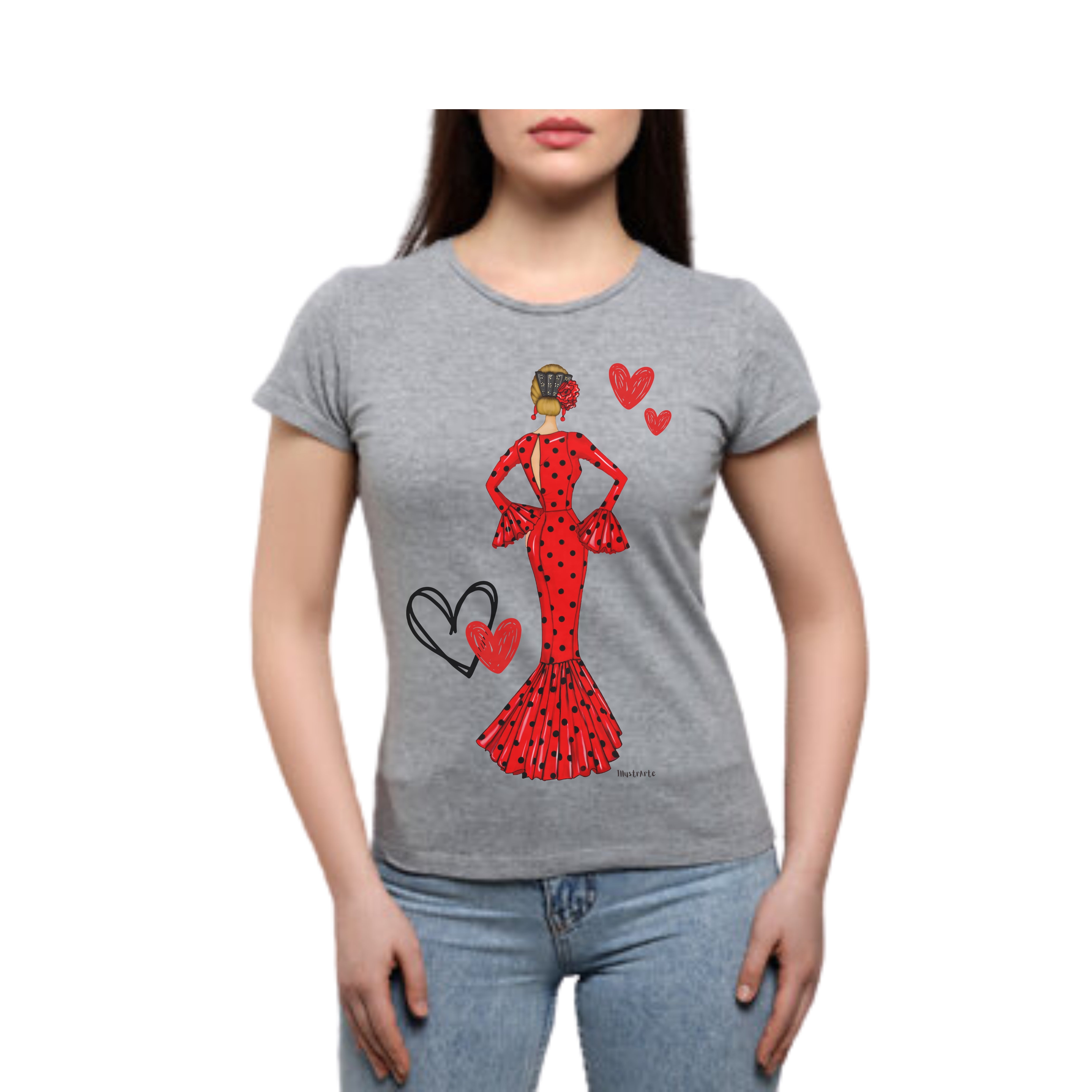 Camiseta Flamenca De Algodón 100% Orgánico Ajustada - Modelo María vestido rojo, detalle de la tela suave y cómoda.
