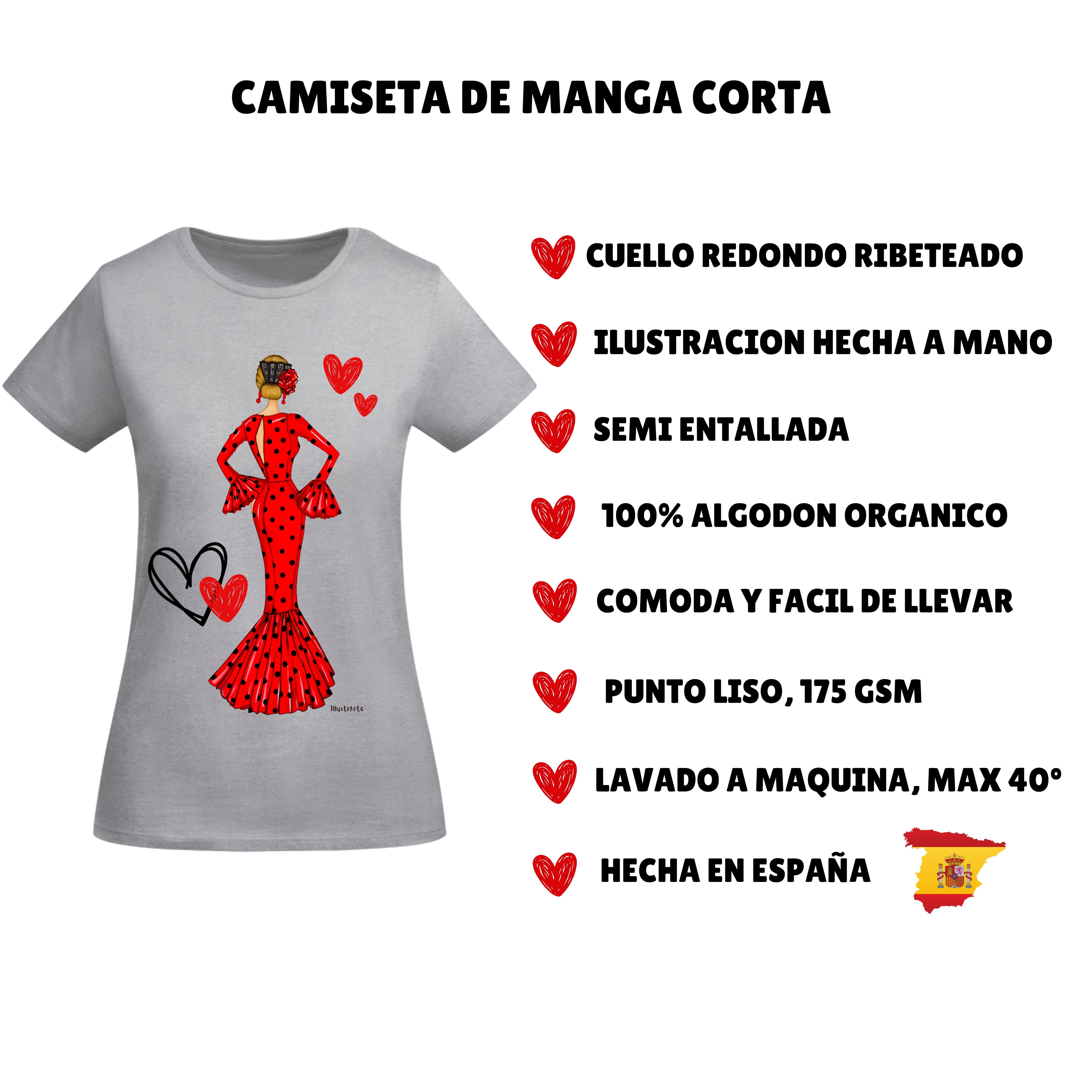 Camiseta Flamenca De Algodón 100% Orgánico Ajustada - Modelo María vestido rojo, imagen que destaca el ajuste que realza la figura.