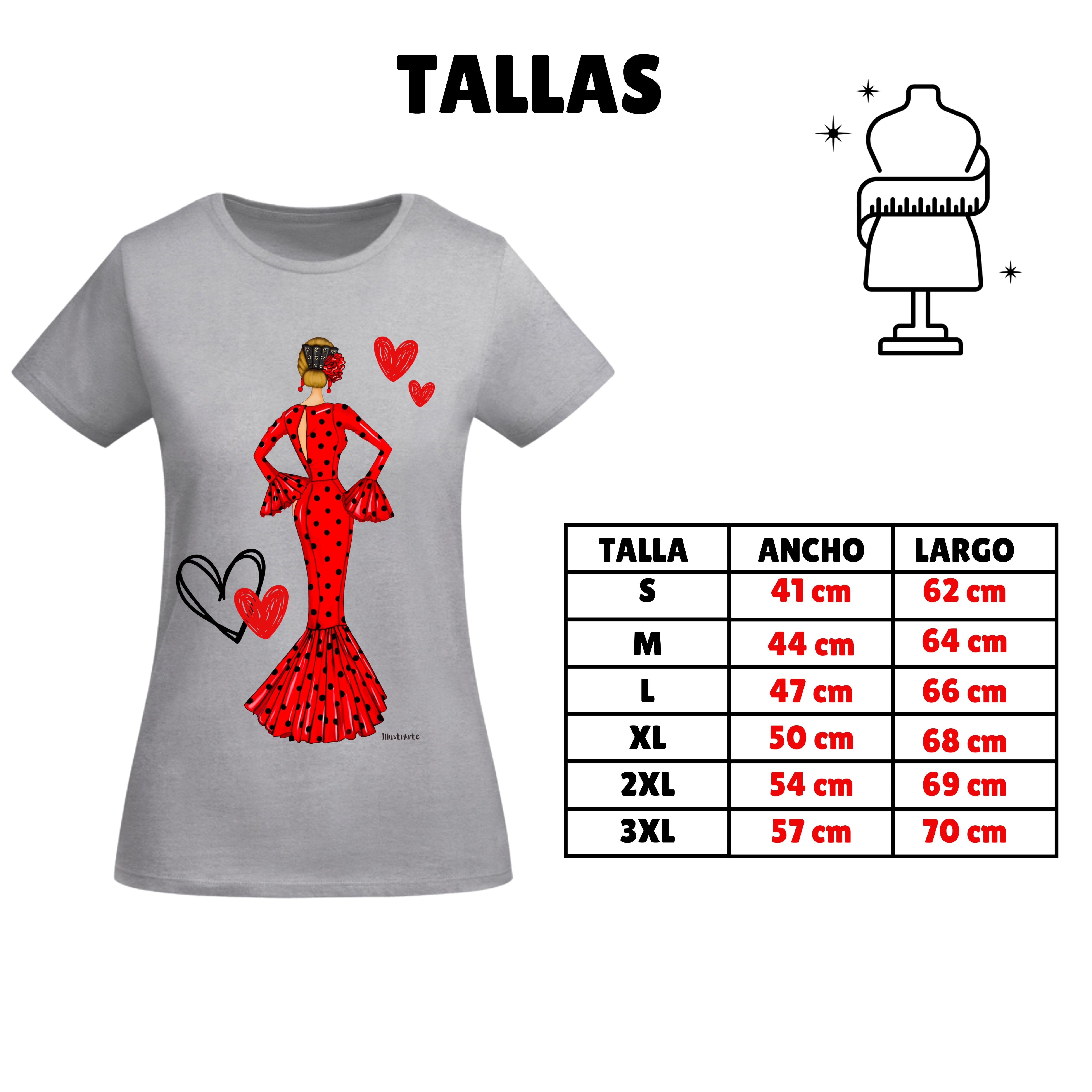 Camiseta Flamenca De Algodón 100% Orgánico Ajustada - Modelo María vestido rojo, mostrando el estilo flamenco ideal para diversas ocasiones.