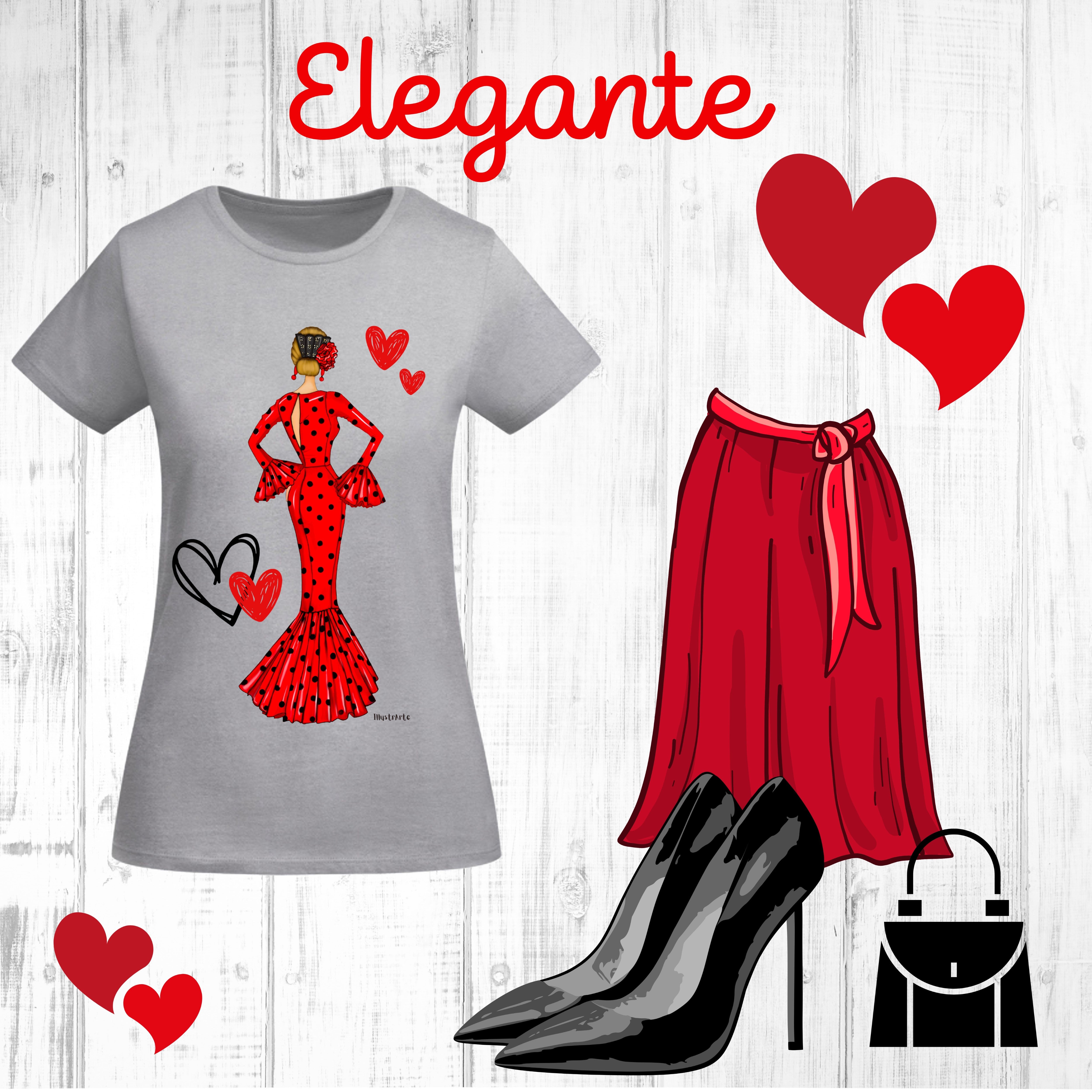 Camiseta Flamenca De Algodón 100% Orgánico Ajustada - Modelo María vestido rojo, una prenda que combina moda y sostenibilidad.