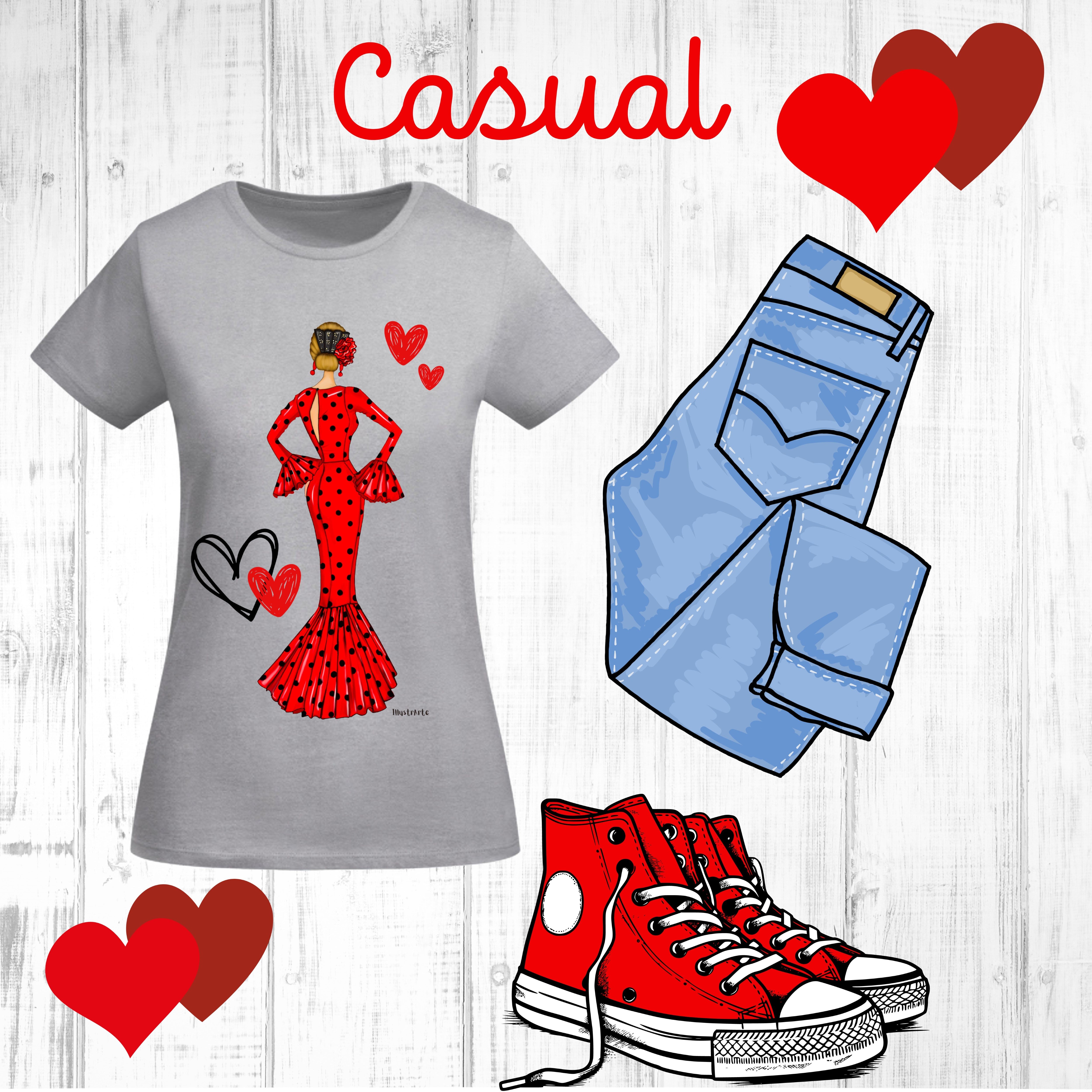 Camiseta Flamenca De Algodón 100% Orgánico Ajustada - Modelo María vestido rojo, destacando la elegancia del diseño inspirado en el flamenco.