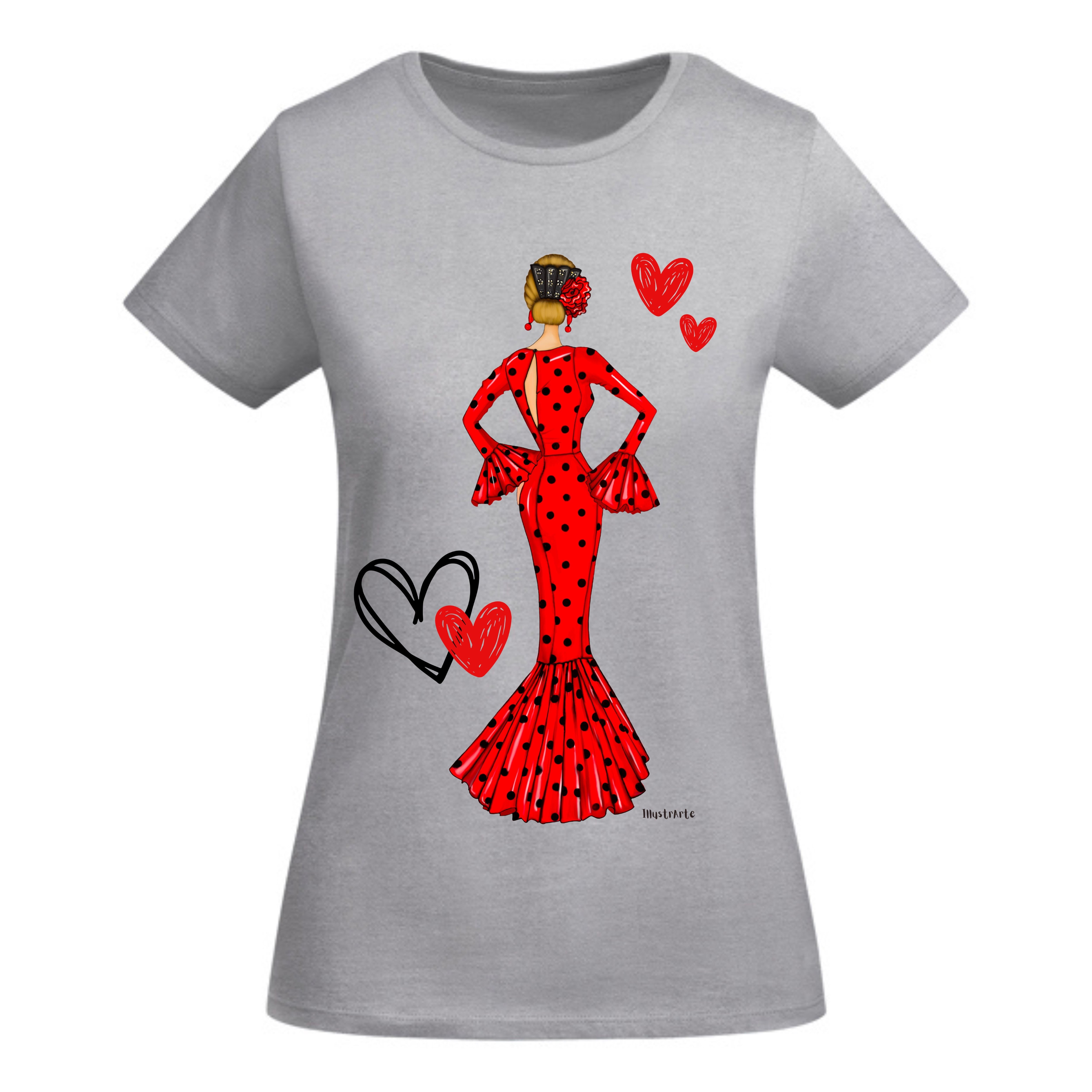 Camiseta Flamenca De Algodón 100% Orgánico Ajustada - Modelo María vestido rojo, fotografía mostrando su estilo chic para mujeres.