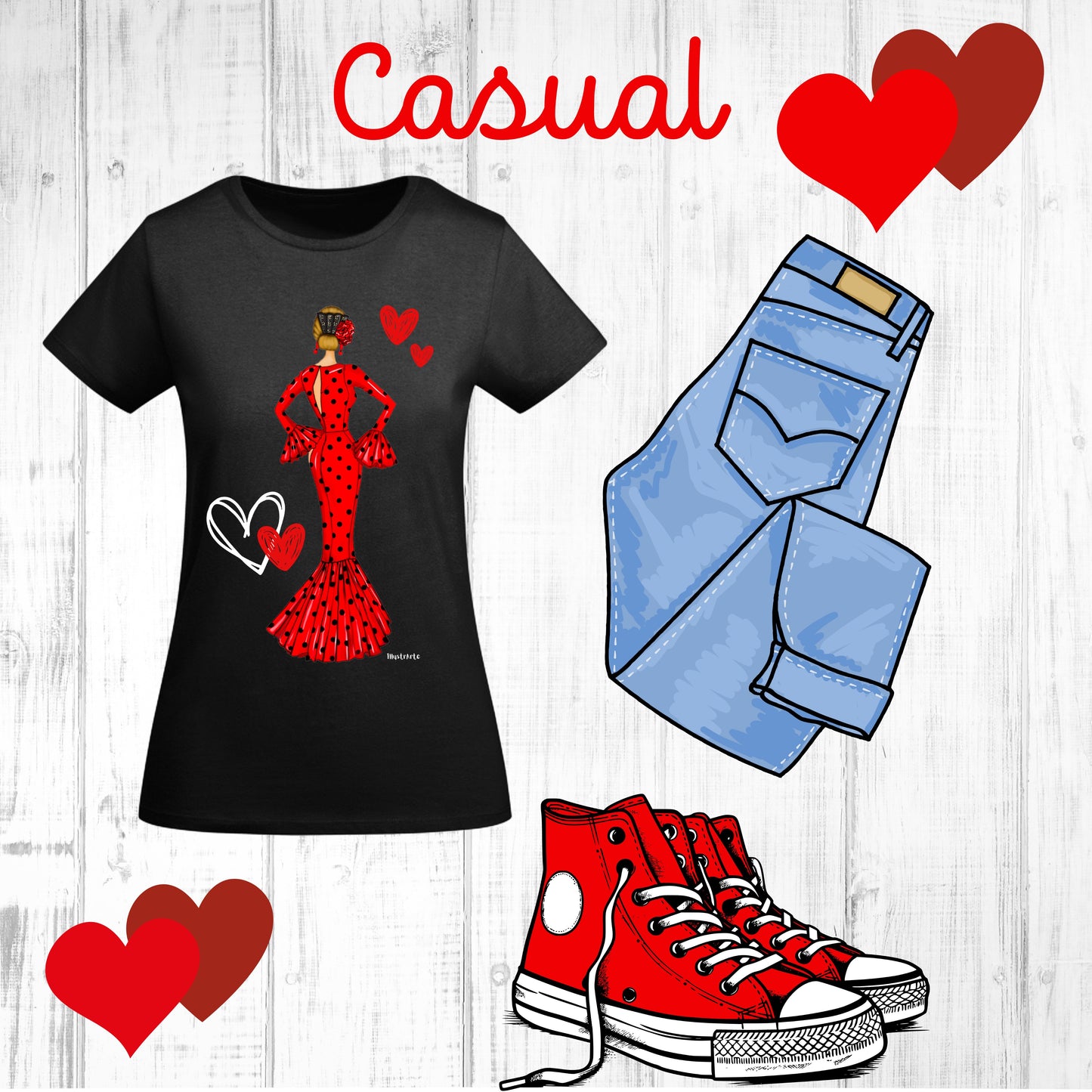 una camiseta de mujer, jeans y zapatillas con las palabras casual