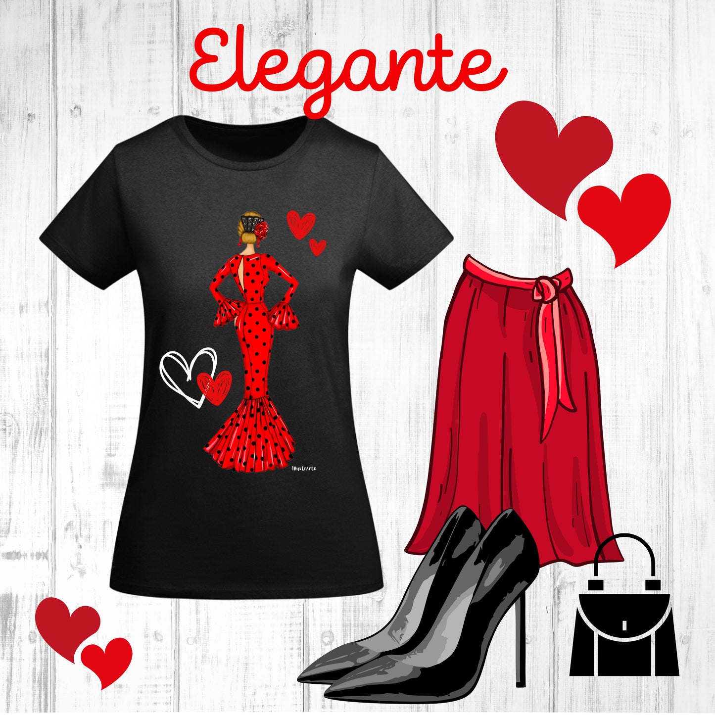 una camiseta de mujer con una falda roja y tacones