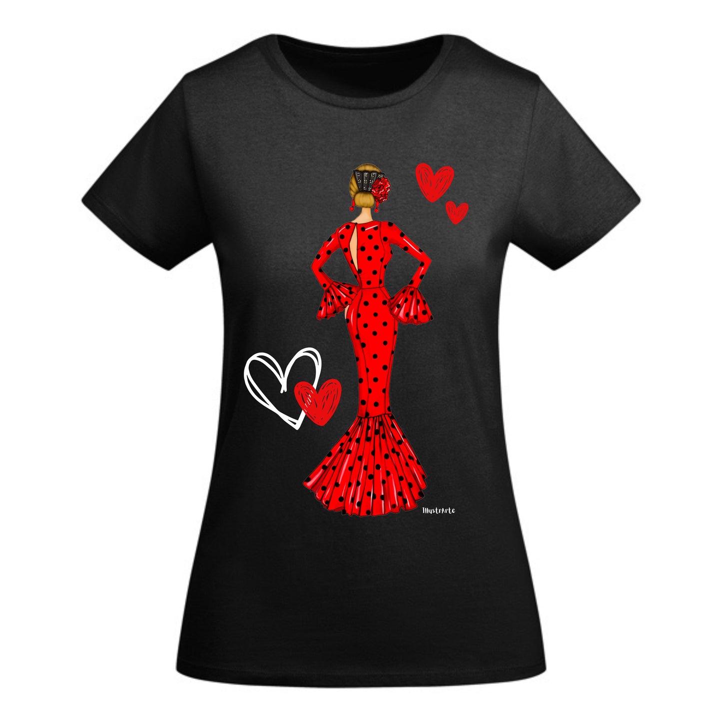 una camiseta negra de mujer con un vestido rojo y corazones