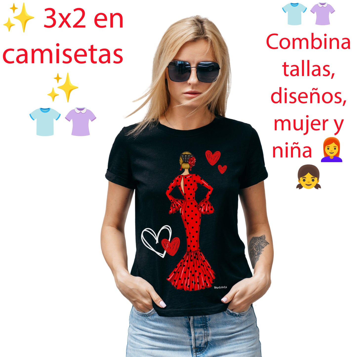 100% Organic Cotton Flamenco T-shirt Fitted - Model Maria red dress